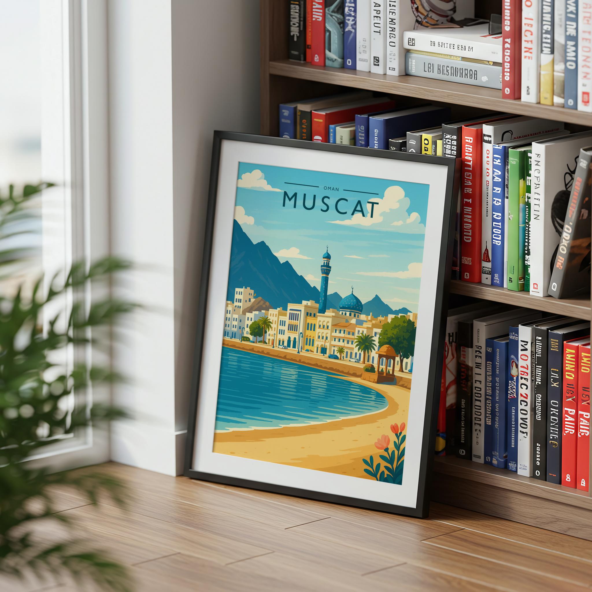 Muscat Travel Poster mounted in a black frame