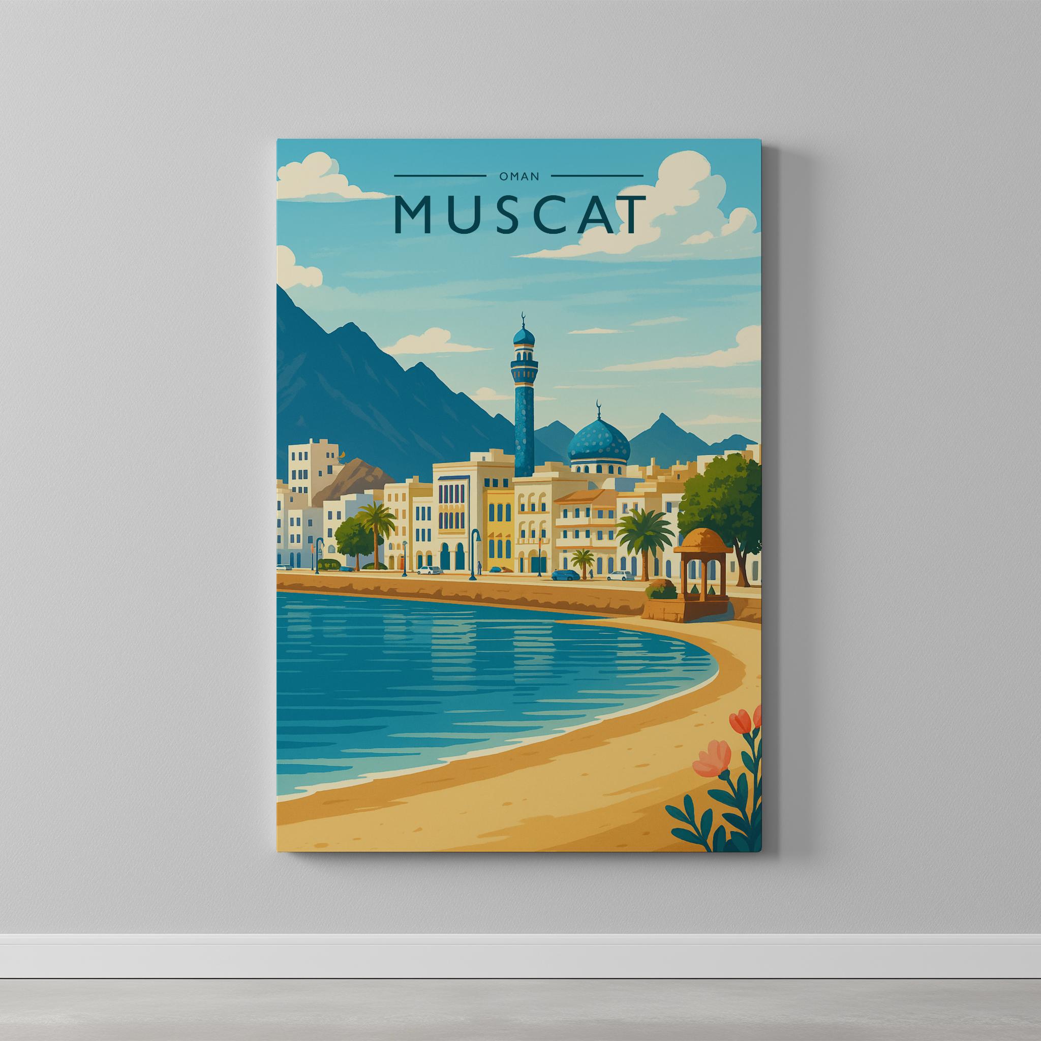 Muscat Travel Poster as a gallery-wrapped canvas on a plain wall