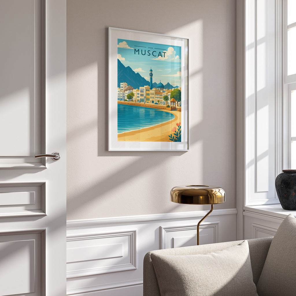 Muscat Travel Poster in a white frame on a panelled wall