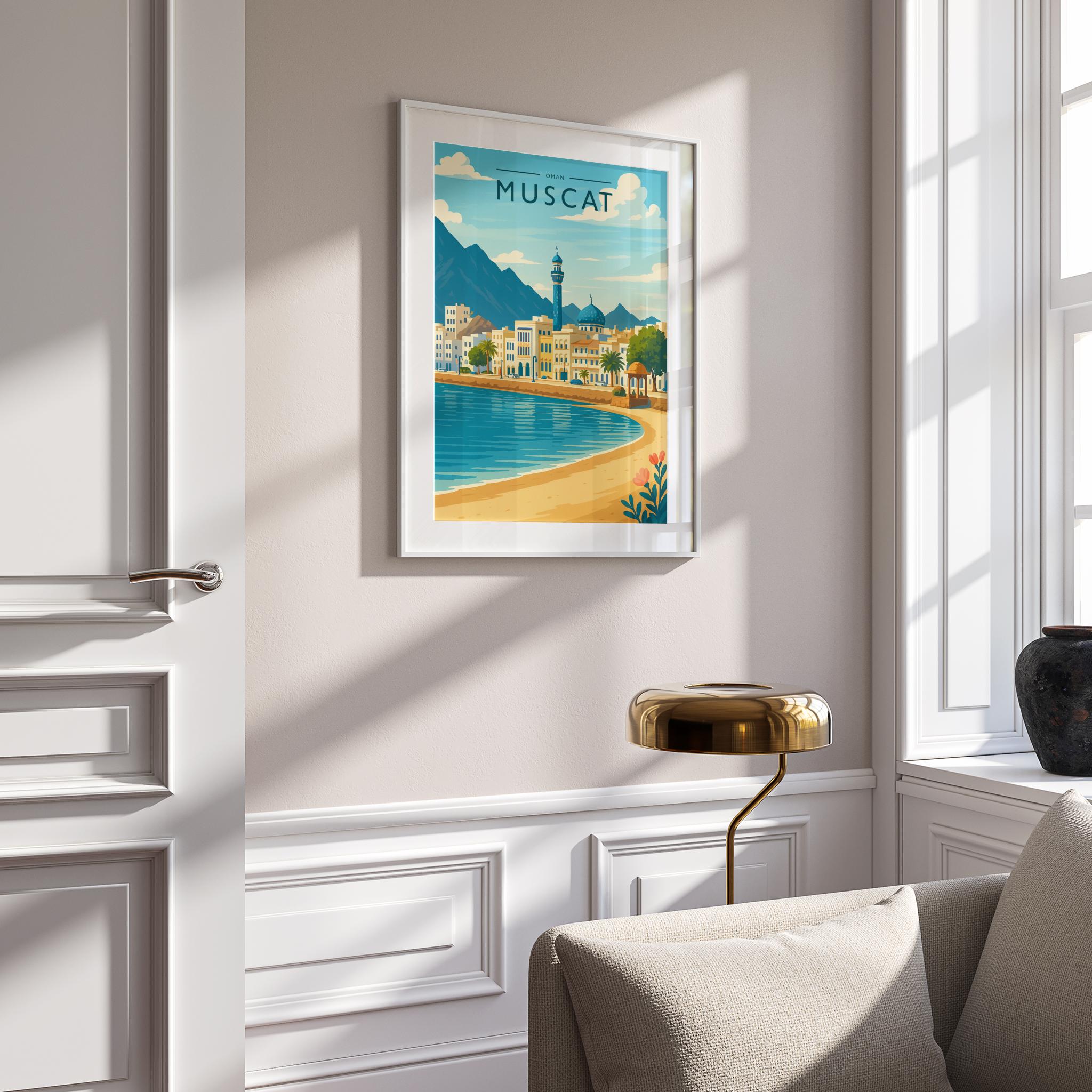 Muscat Travel Poster mounted in a white frame