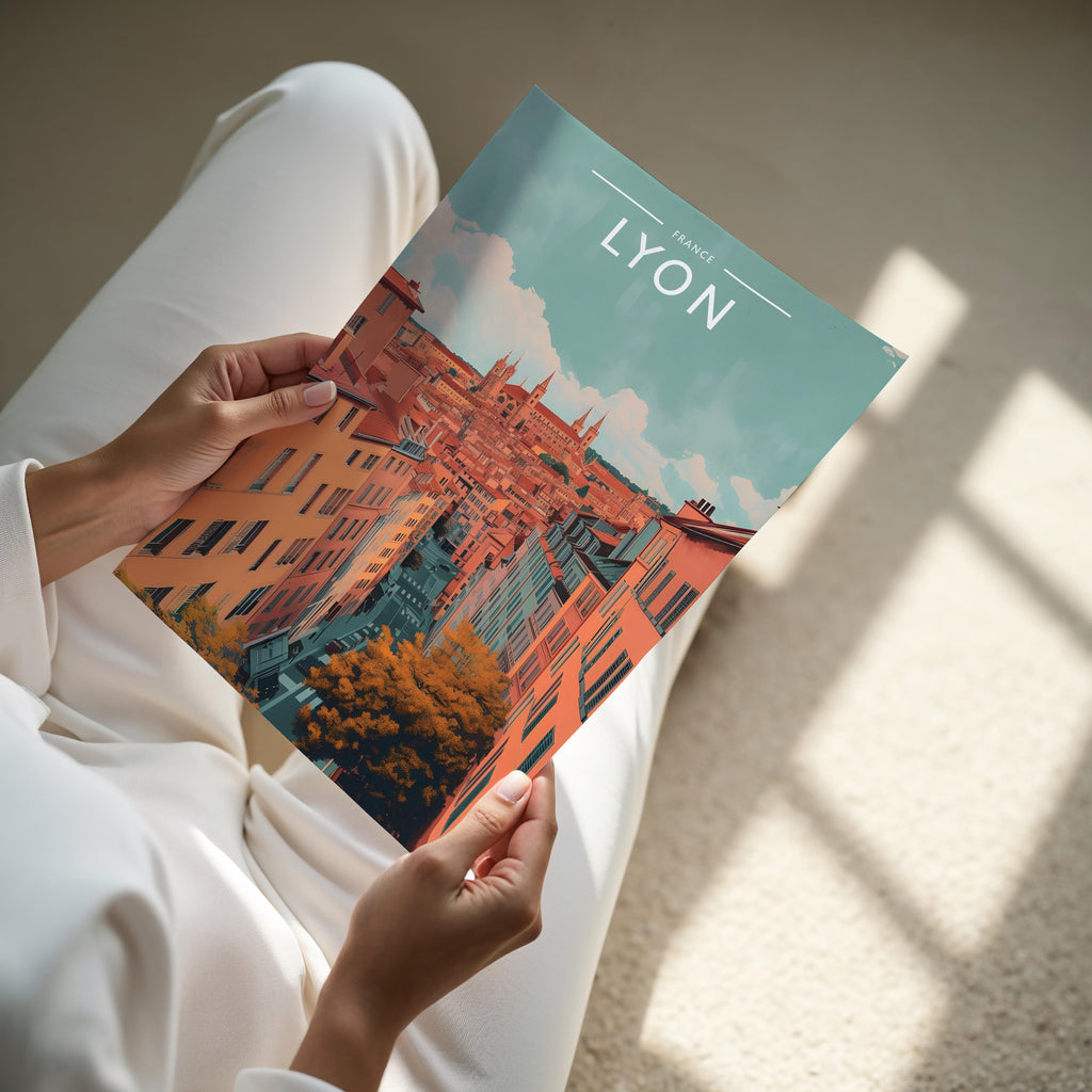 Lyon Travel Poster - A4 print held in hand