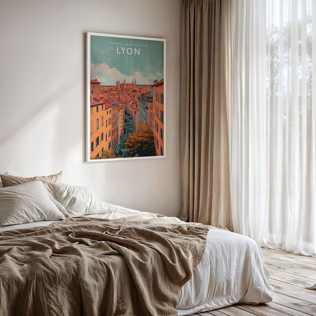 Lyon Travel Poster framed on a bedroom wall