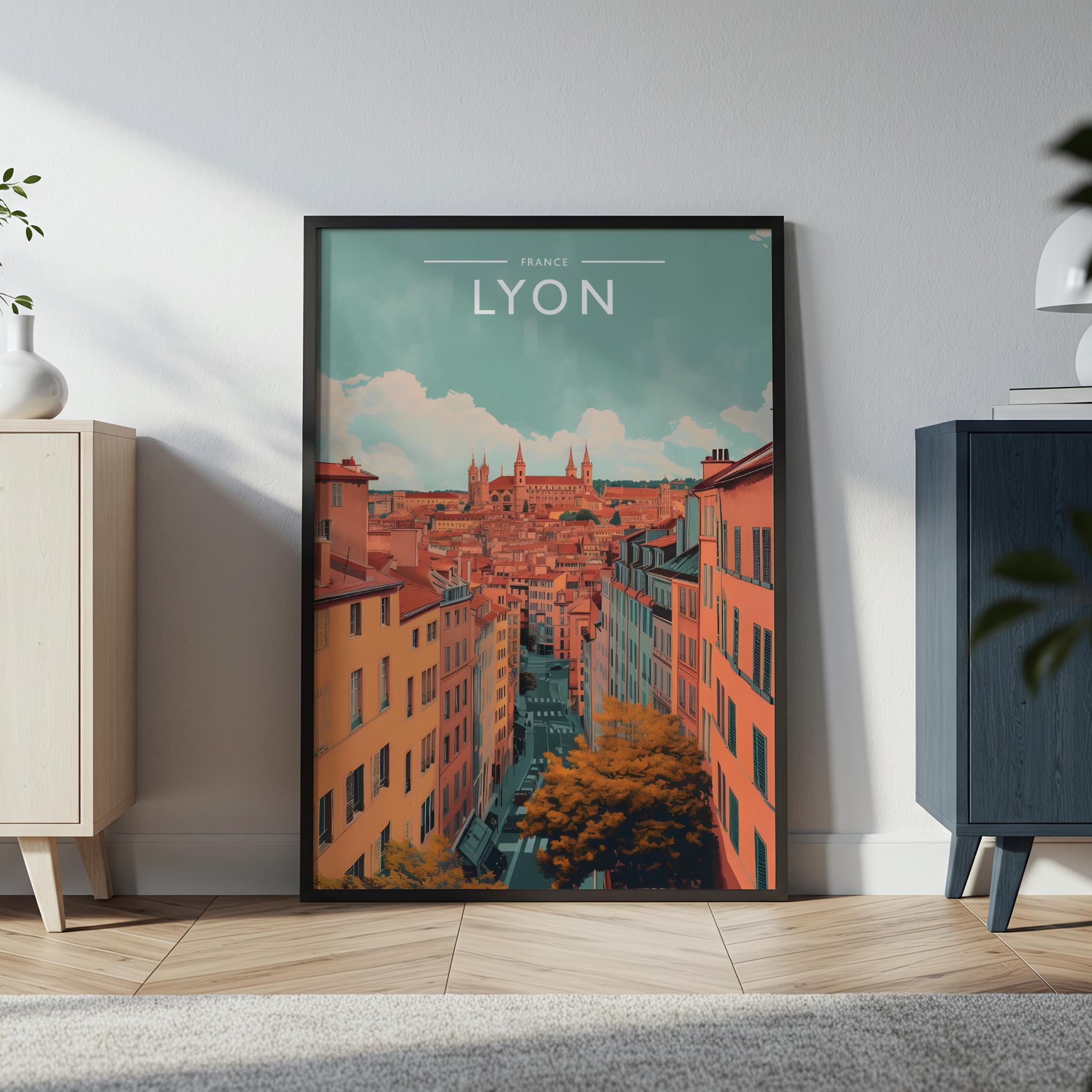 Lyon Travel Poster in a black frame