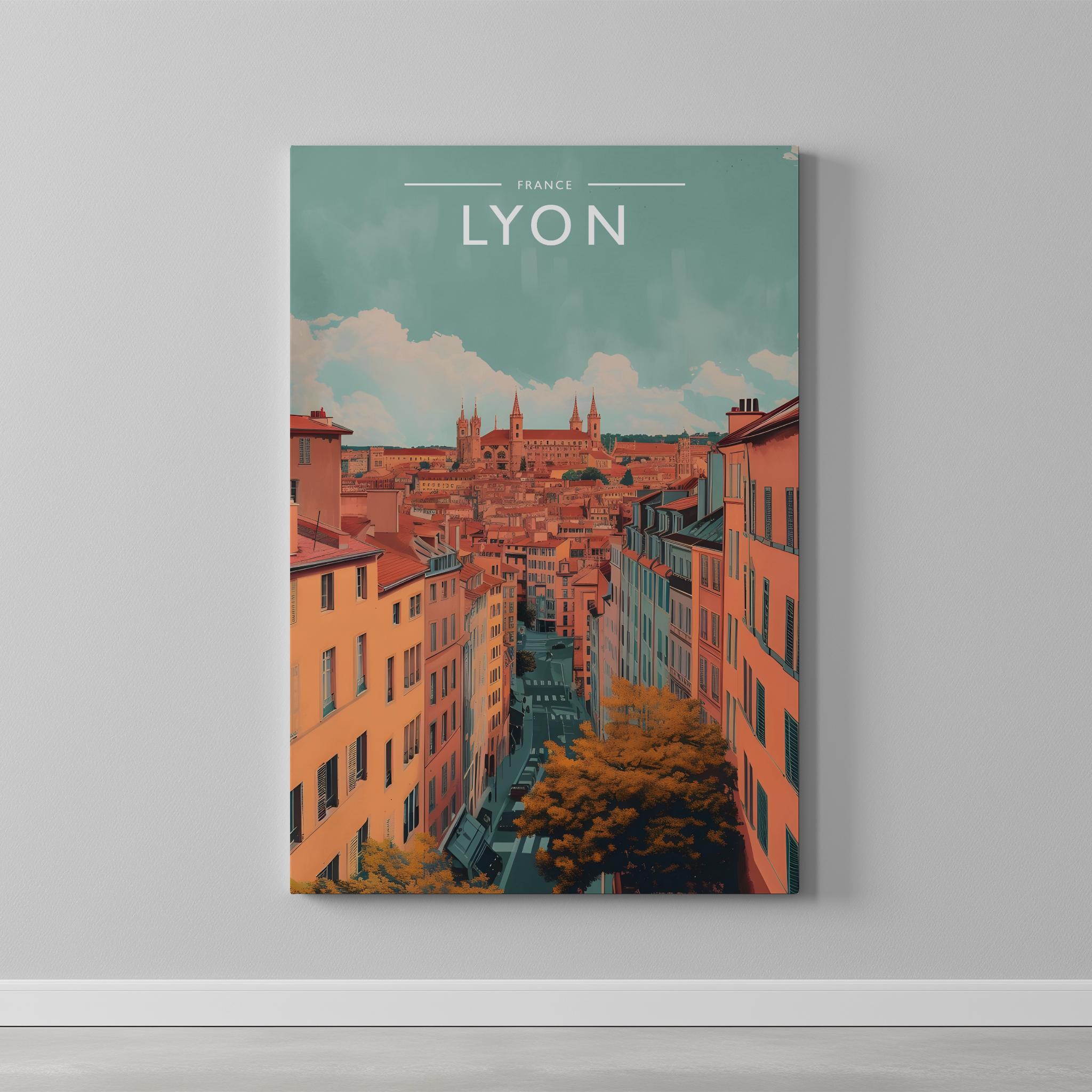 Lyon Travel Poster as a gallery-wrapped canvas on a plain wall