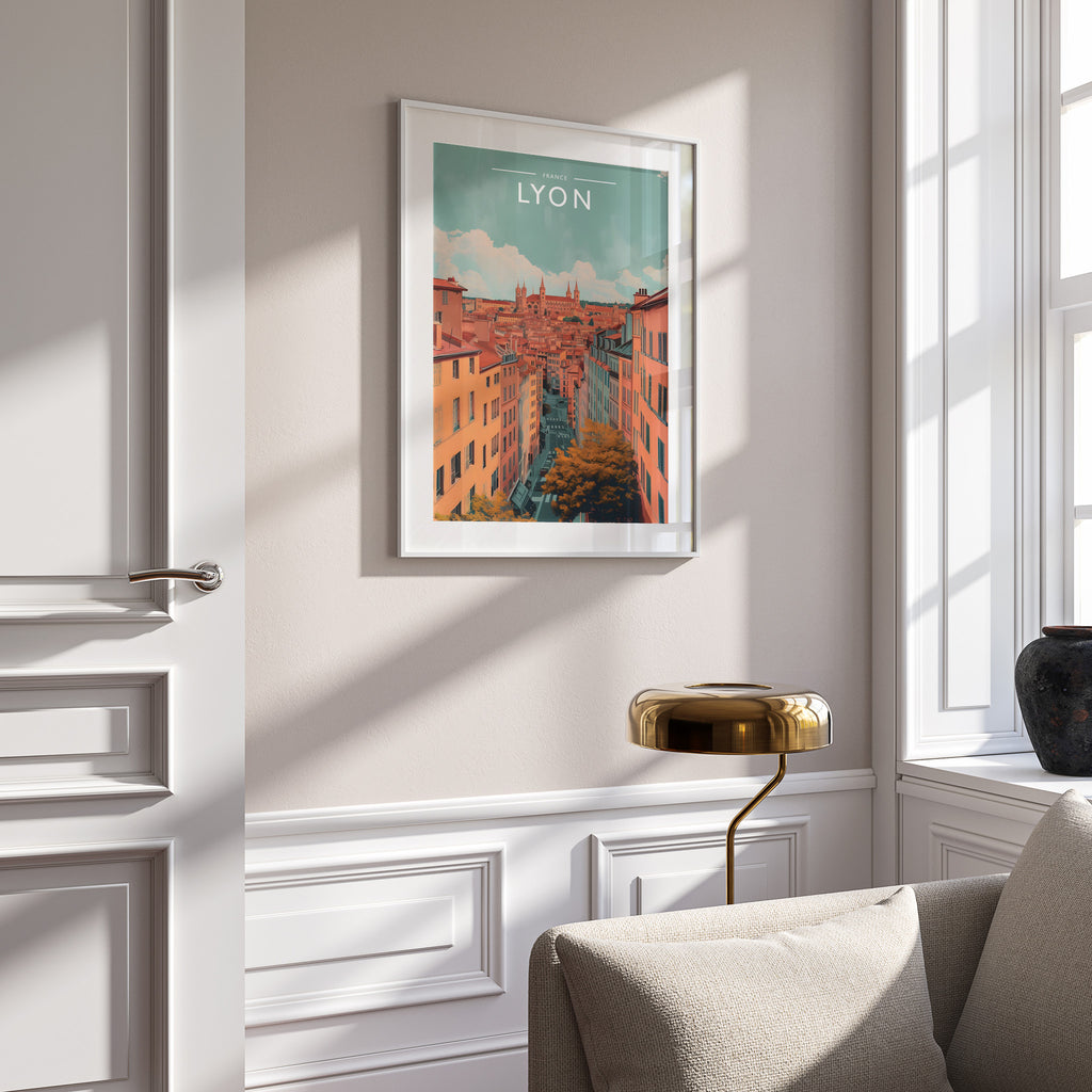 Lyon Travel Poster in a white frame on a panelled wall