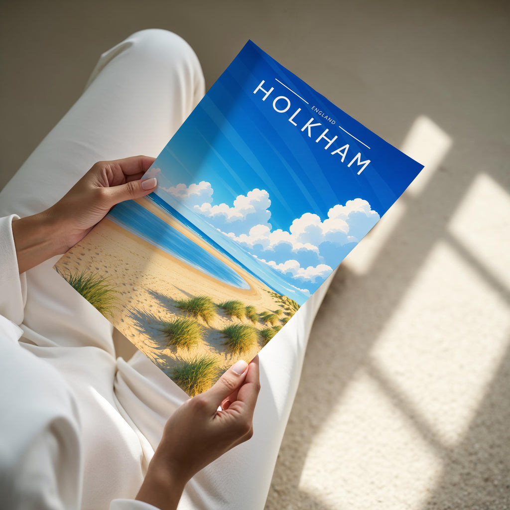 Holkham Travel Poster - A4 print held in hand