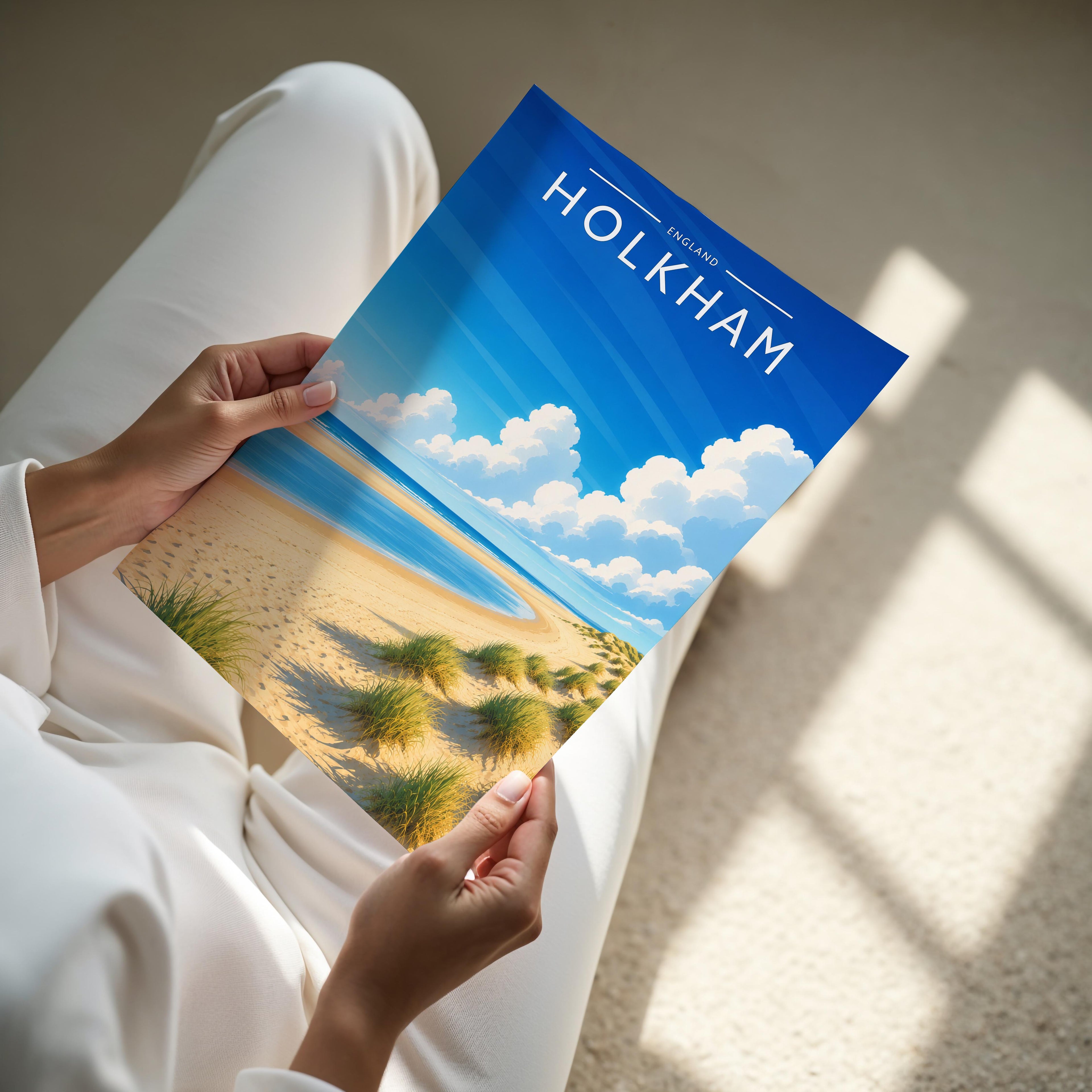 Holkham Travel Poster - A4 print held in hand