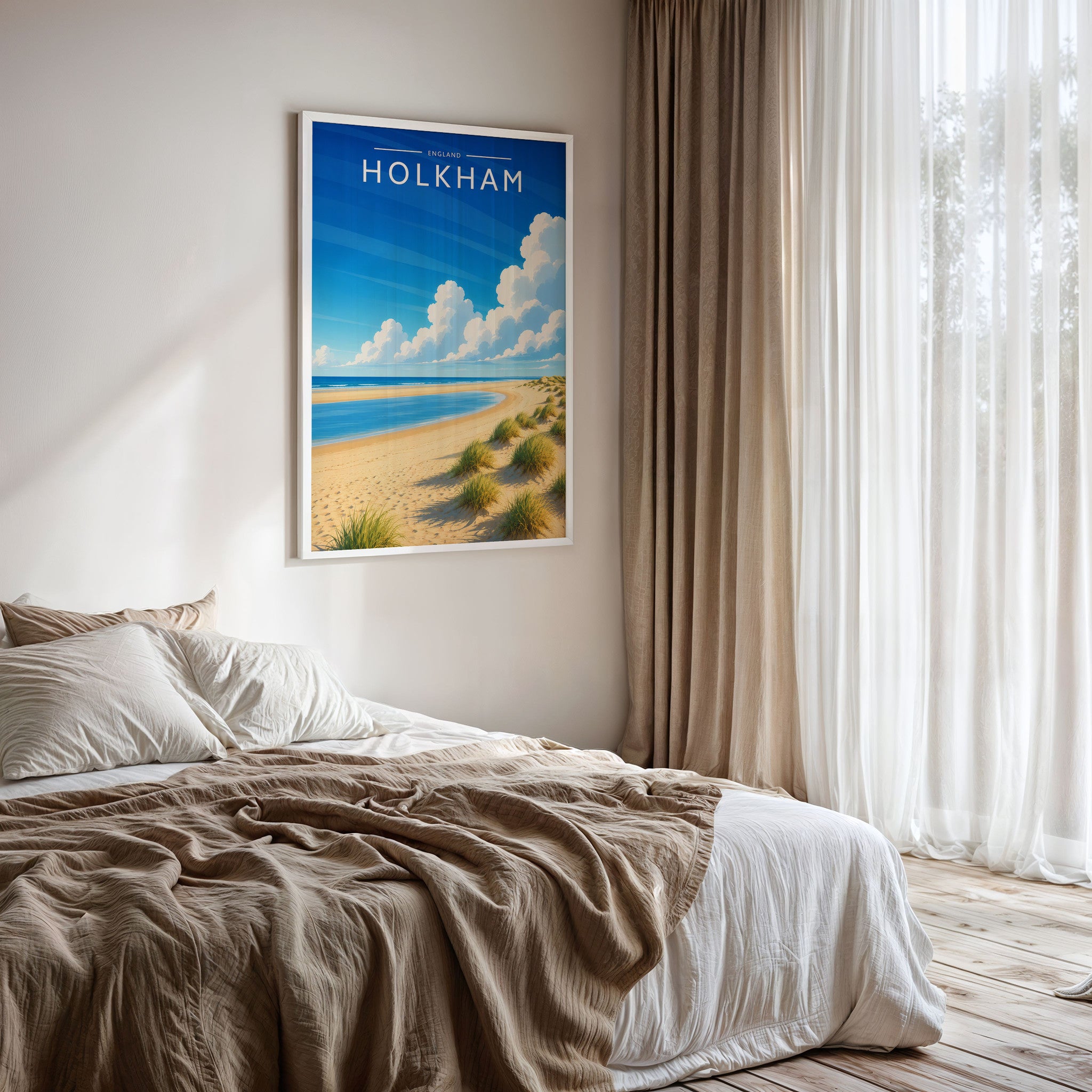 Holkham Travel Poster framed on a bedroom wall