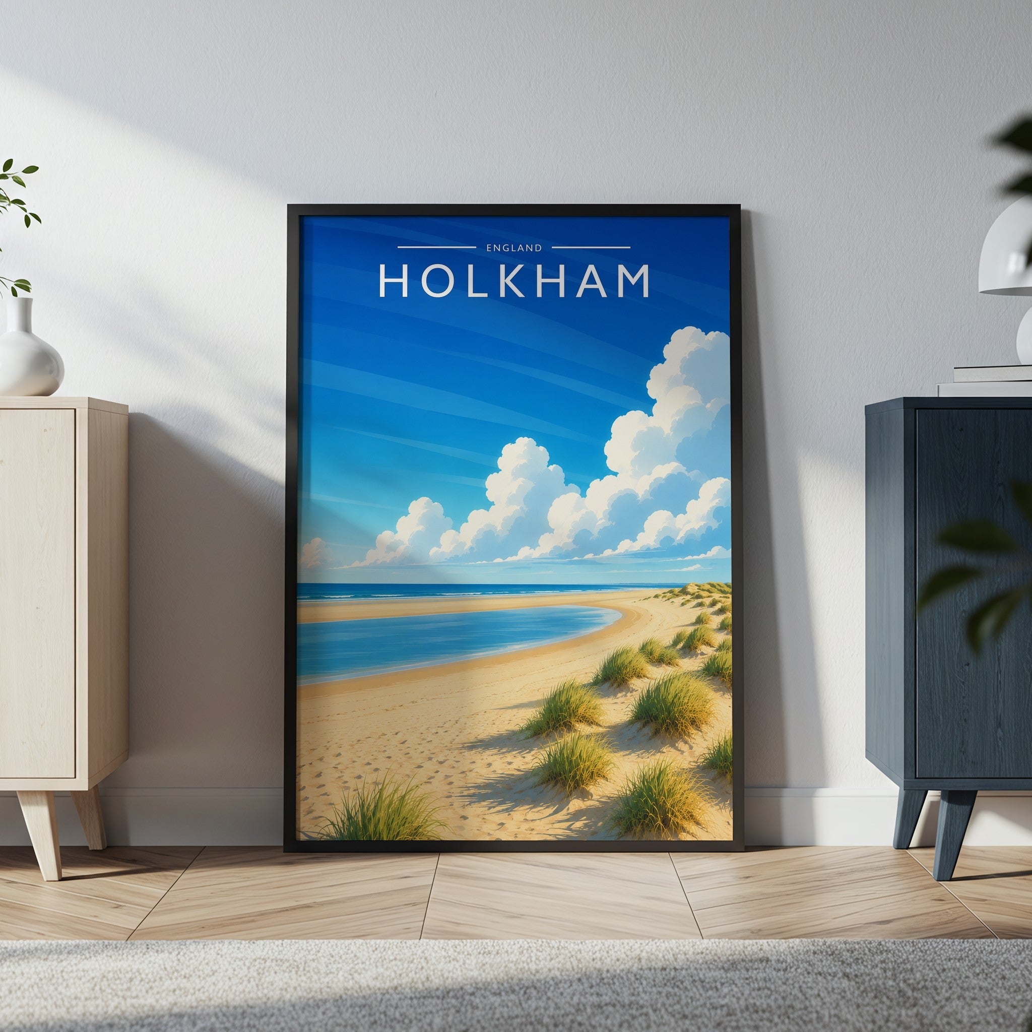 Holkham Travel Poster in a black frame