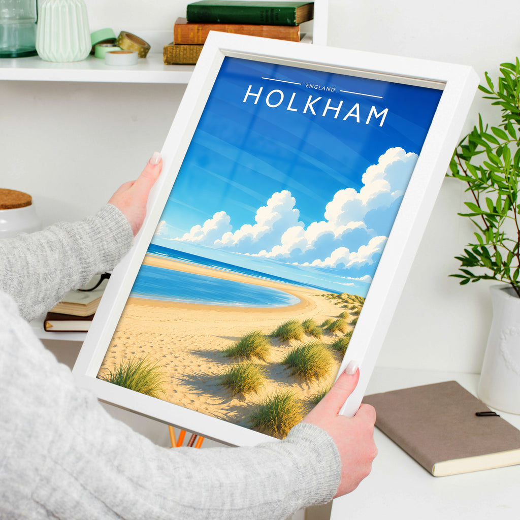 Holkham Travel Poster in a white frame, held to show scale