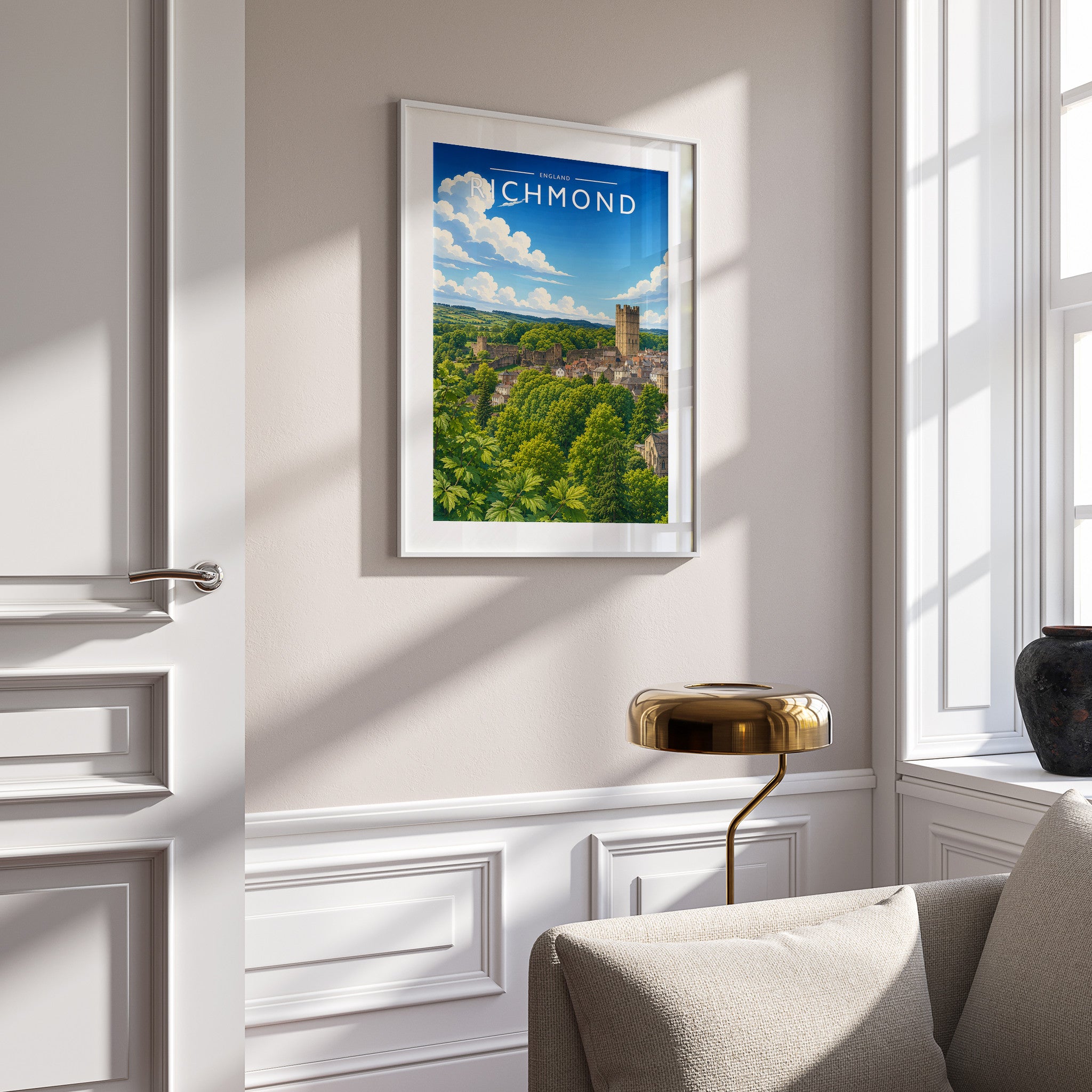 Richmond Travel Poster in a white frame on a panelled wall