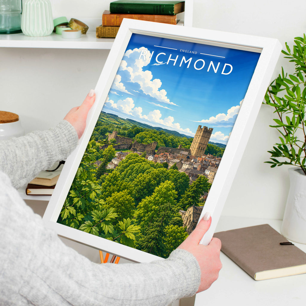 Richmond Travel Poster in a white frame, held to show scale