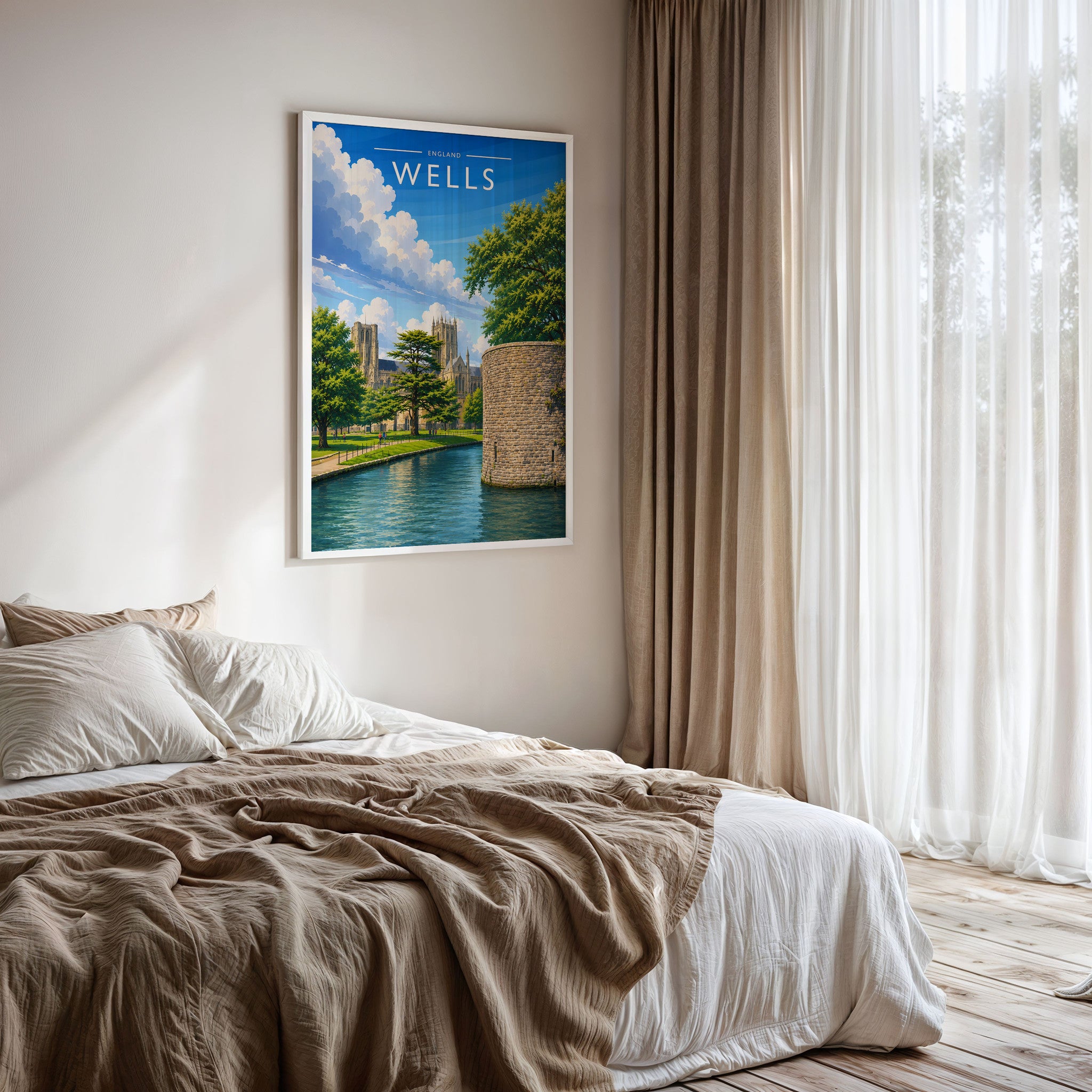 Wells #2 Travel Poster framed on a bedroom wall