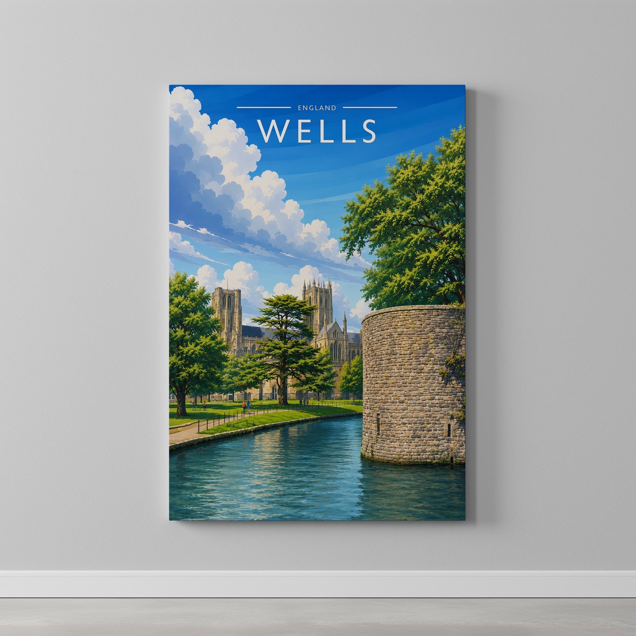 Wells #2 Travel Poster as a gallery-wrapped canvas on a plain wall