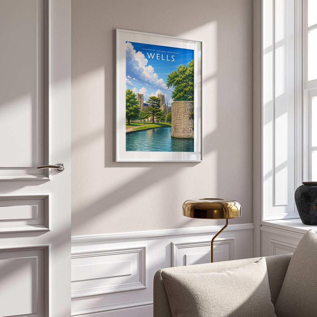Wells #2 Travel Poster in a white frame on a panelled wall