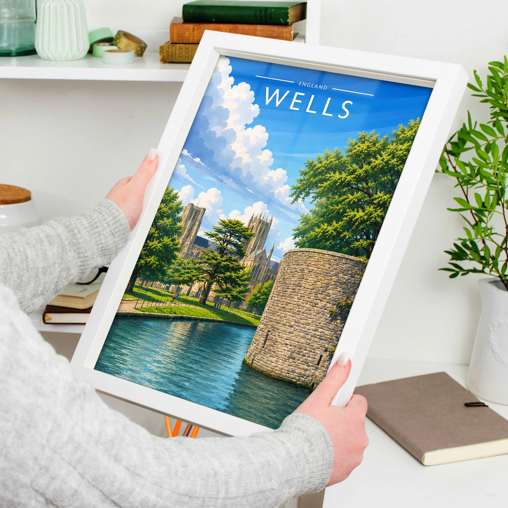 Wells #2 Travel Poster in a white frame, held to show scale