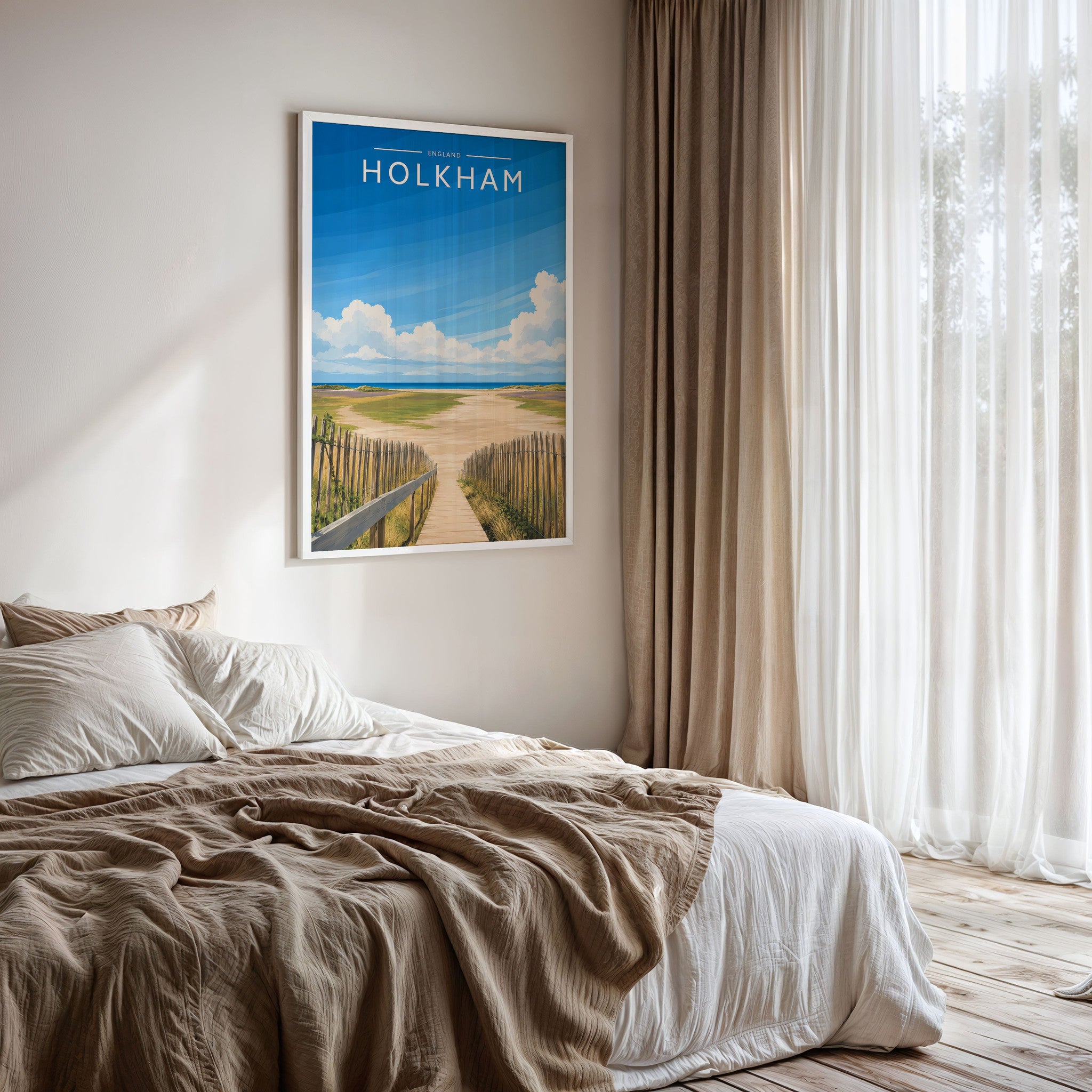 Holkham #2 Travel Poster framed on a bedroom wall