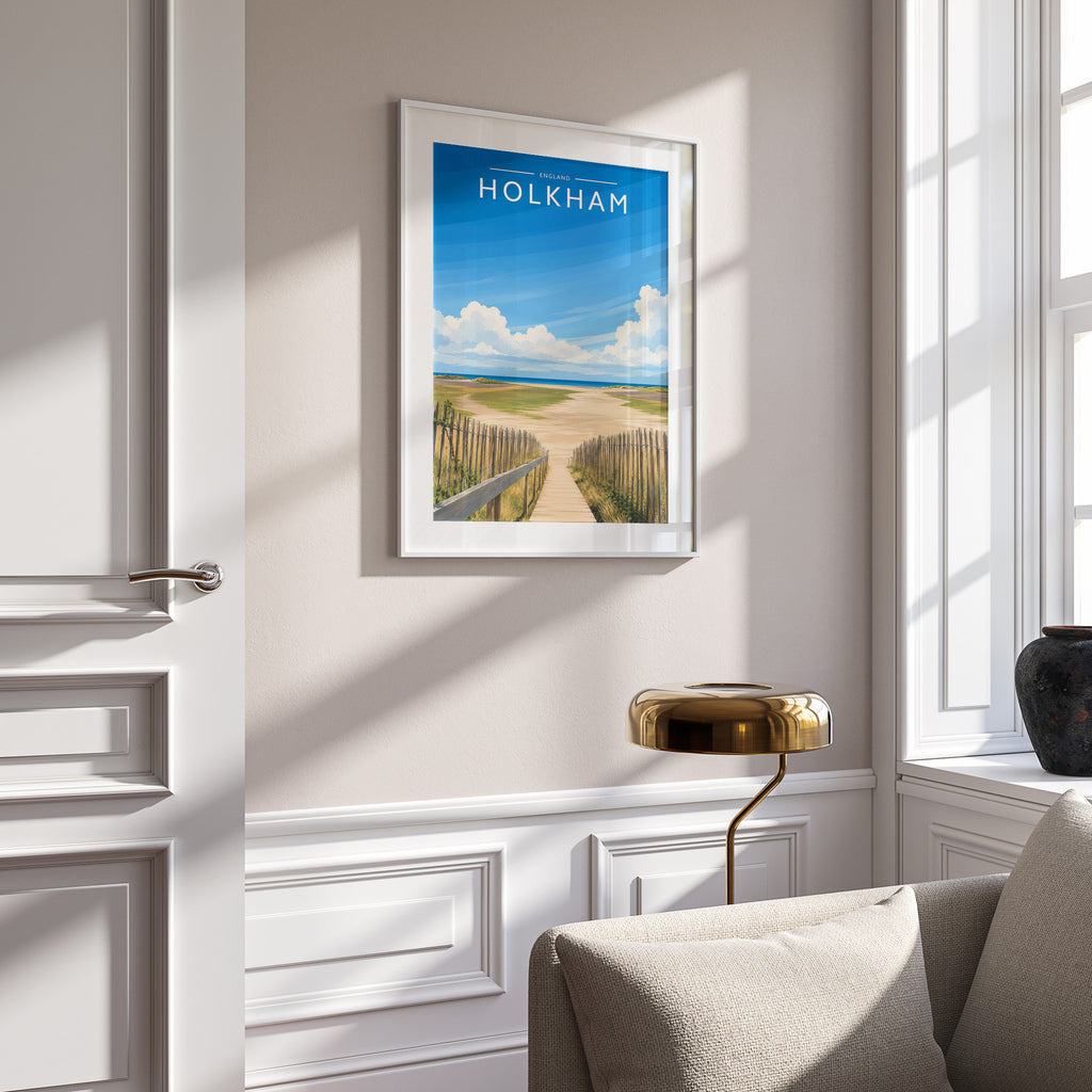Holkham #2 Travel Poster in a white frame on a panelled wall