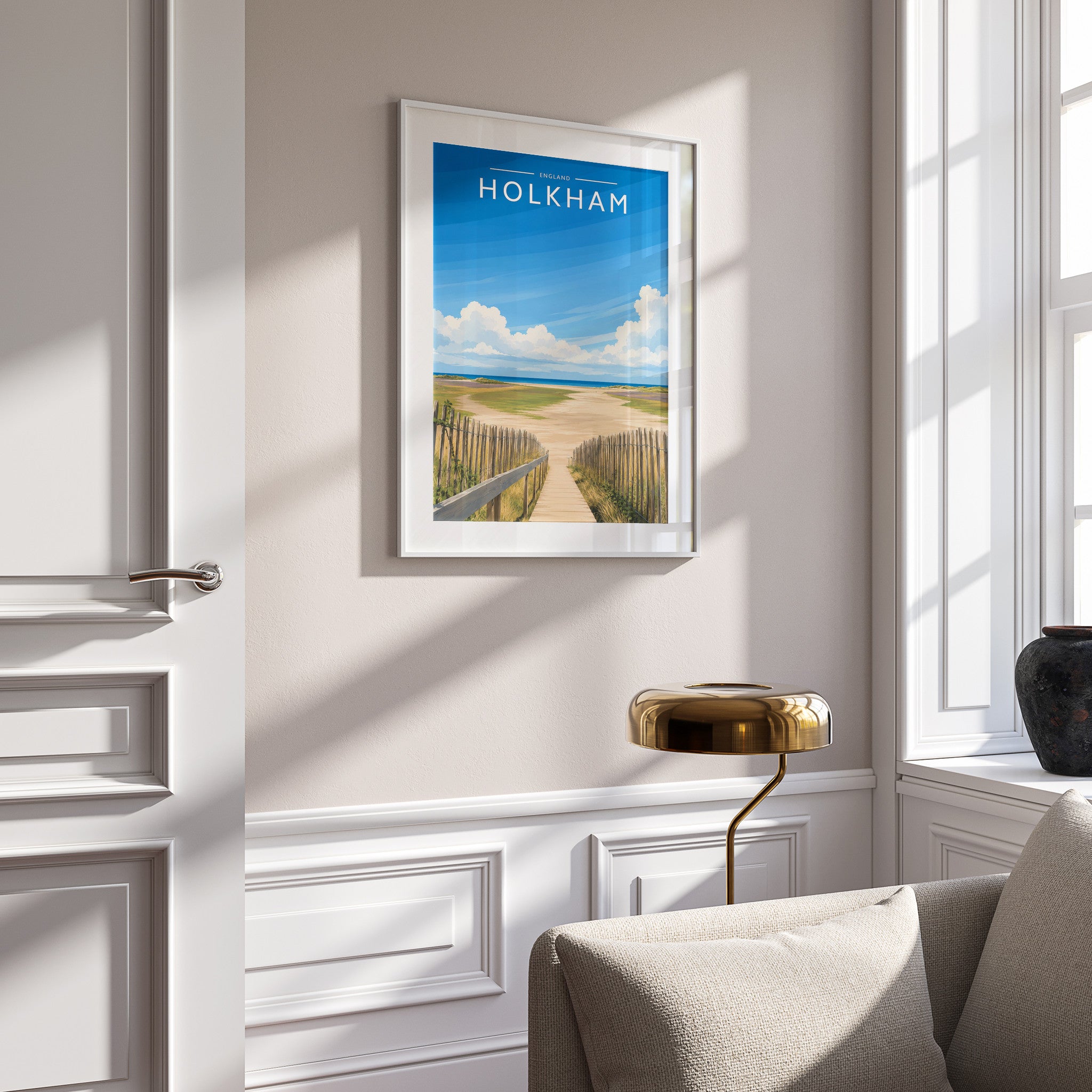 Holkham #2 Travel Poster in a white frame on a panelled wall