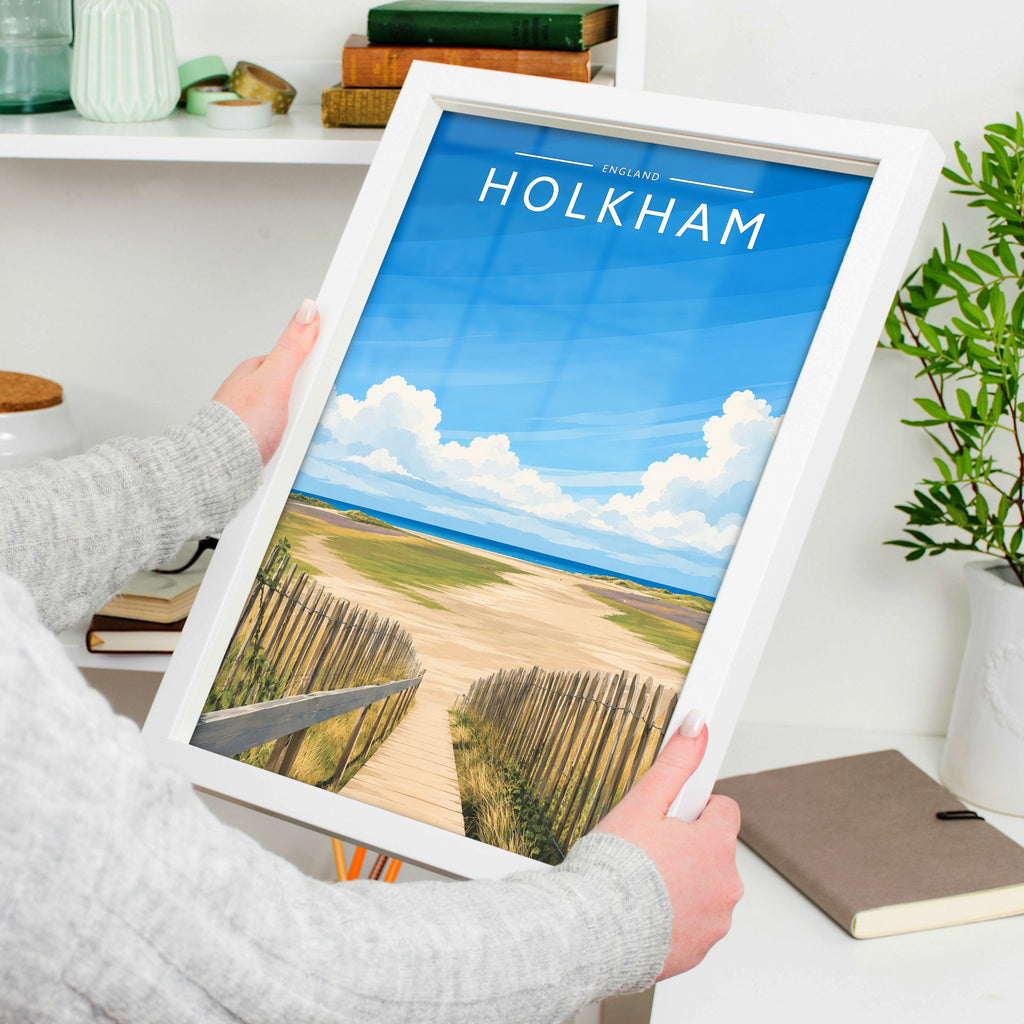 Holkham #2 Travel Poster in a white frame, held to show scale
