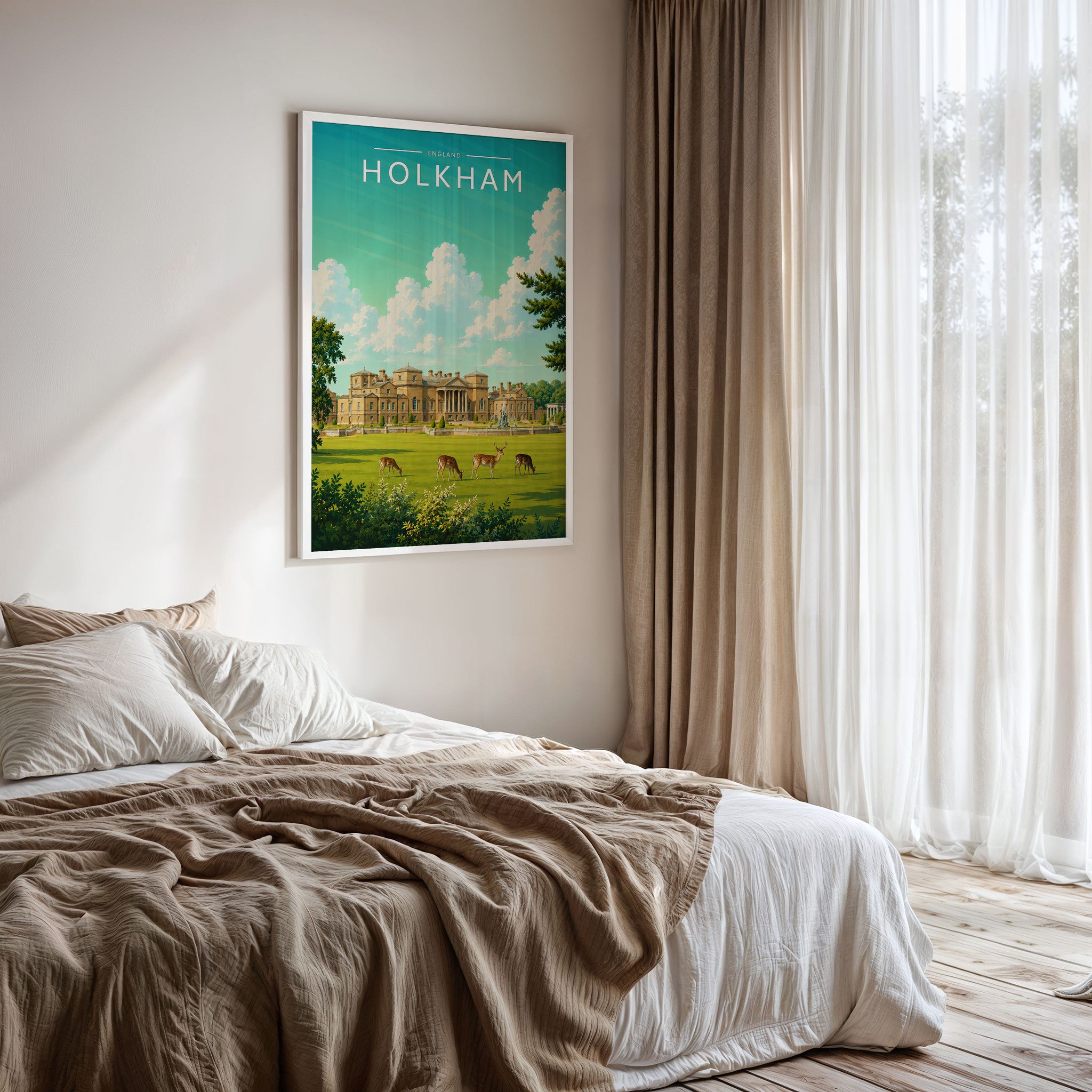 Holkham #3 Travel Poster framed on a bedroom wall