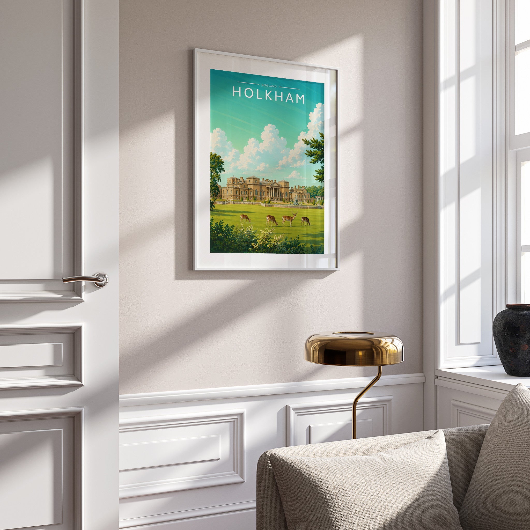 Holkham #3 Travel Poster in a white frame on a panelled wall