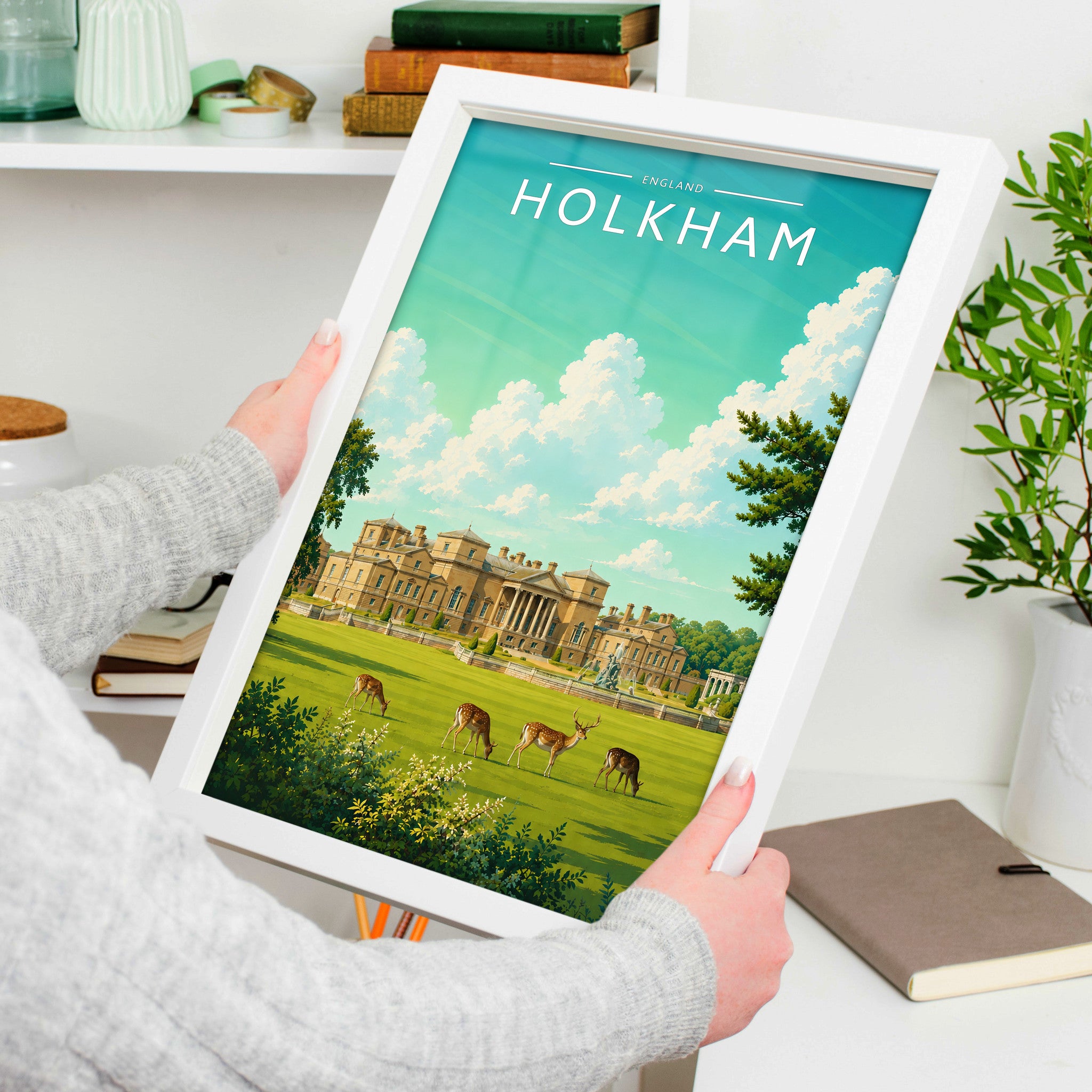 Holkham #3 Travel Poster in a white frame, held to show scale