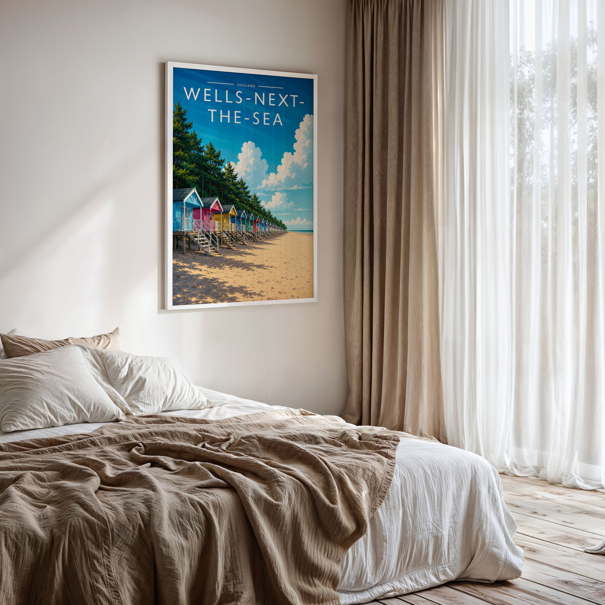 Wells-next-the-Sea #3 Travel Poster framed on a bedroom wall