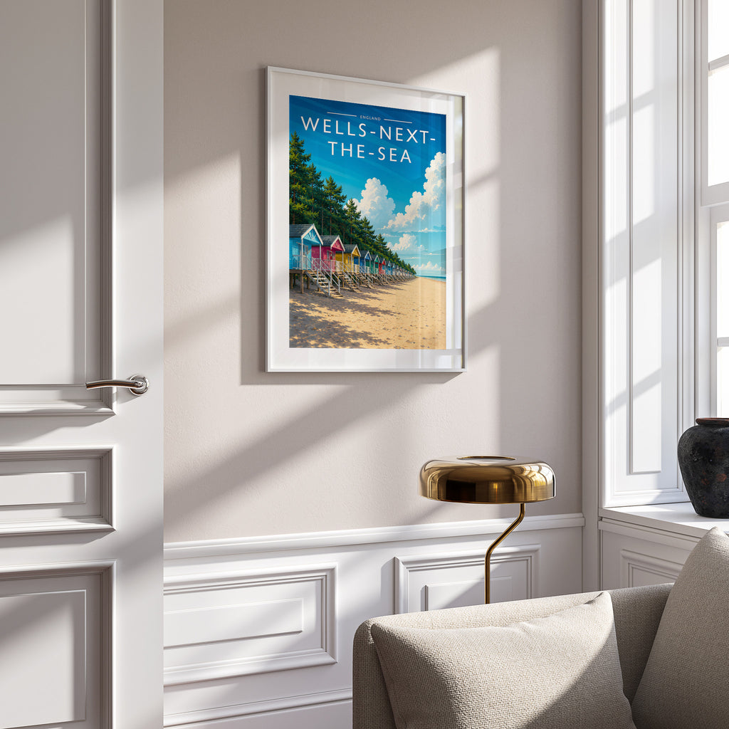 Wells-next-the-Sea #3 Travel Poster in a white frame on a panelled wall