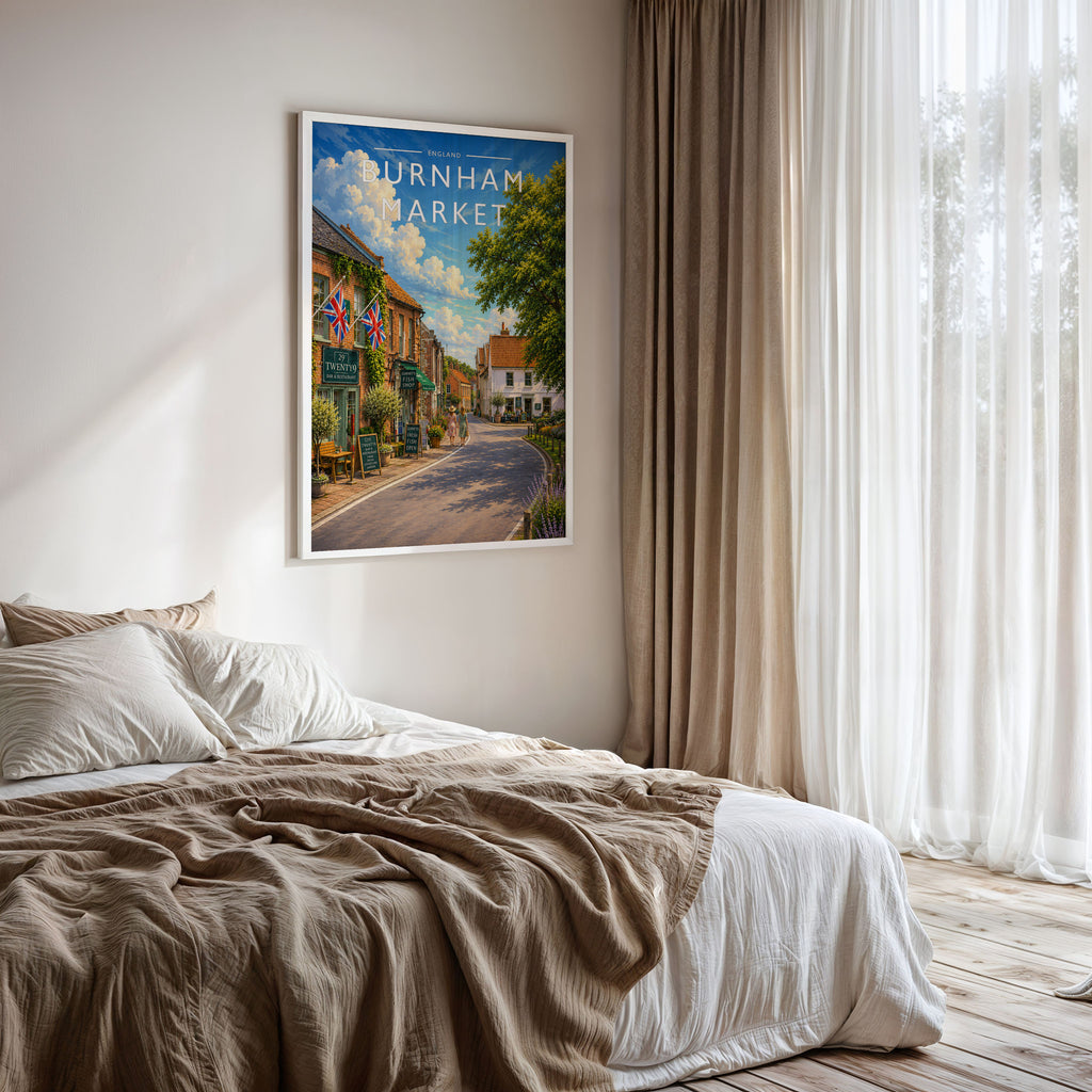 Burnham Market #4 Travel Poster framed on a bedroom wall