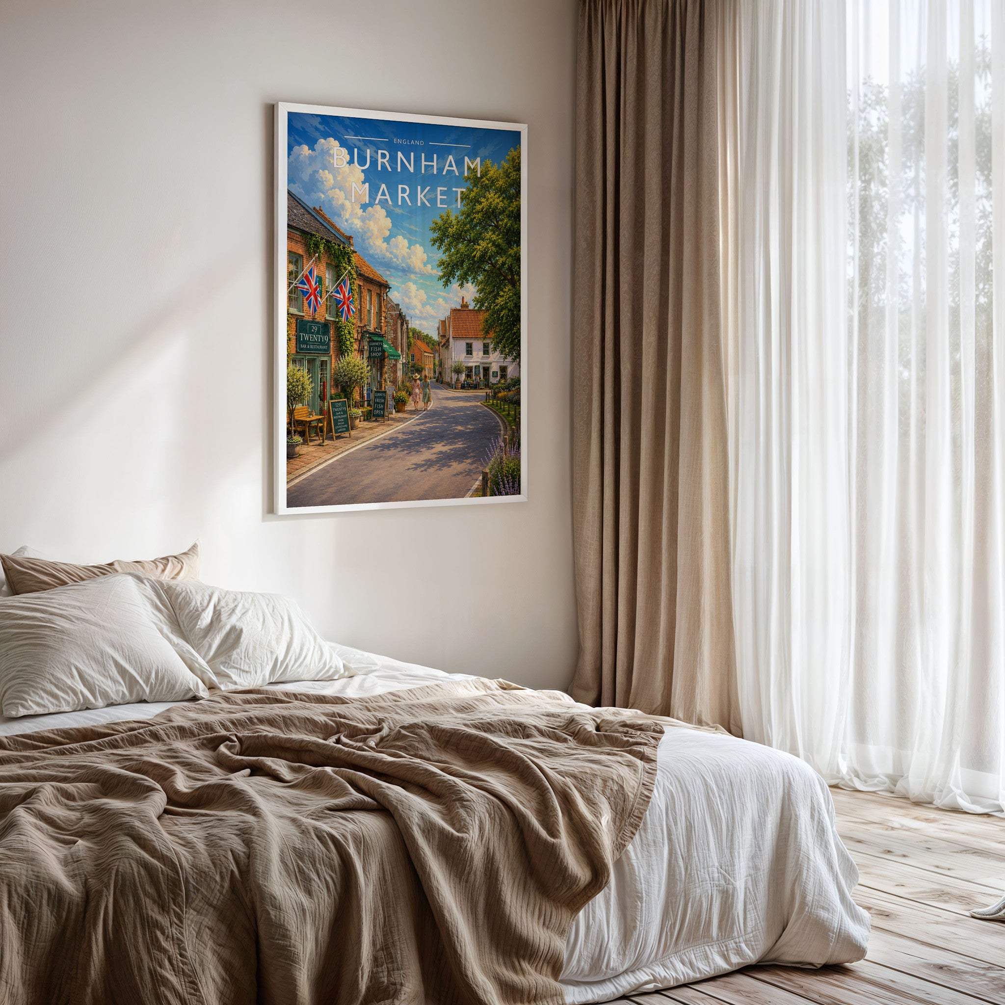 Burnham Market #4 Travel Poster framed on a bedroom wall
