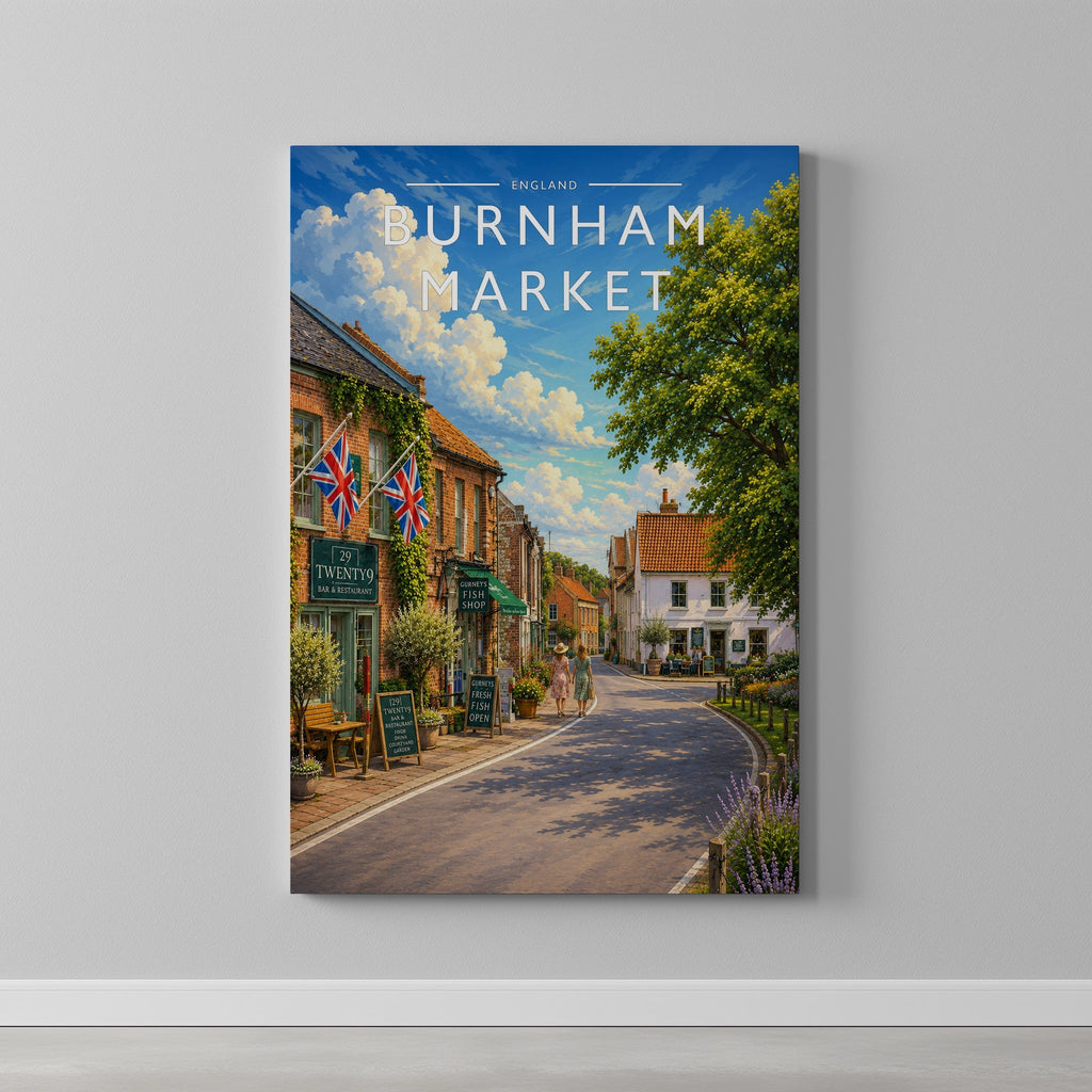 Burnham Market #4 Travel Poster as a gallery-wrapped canvas on a plain wall