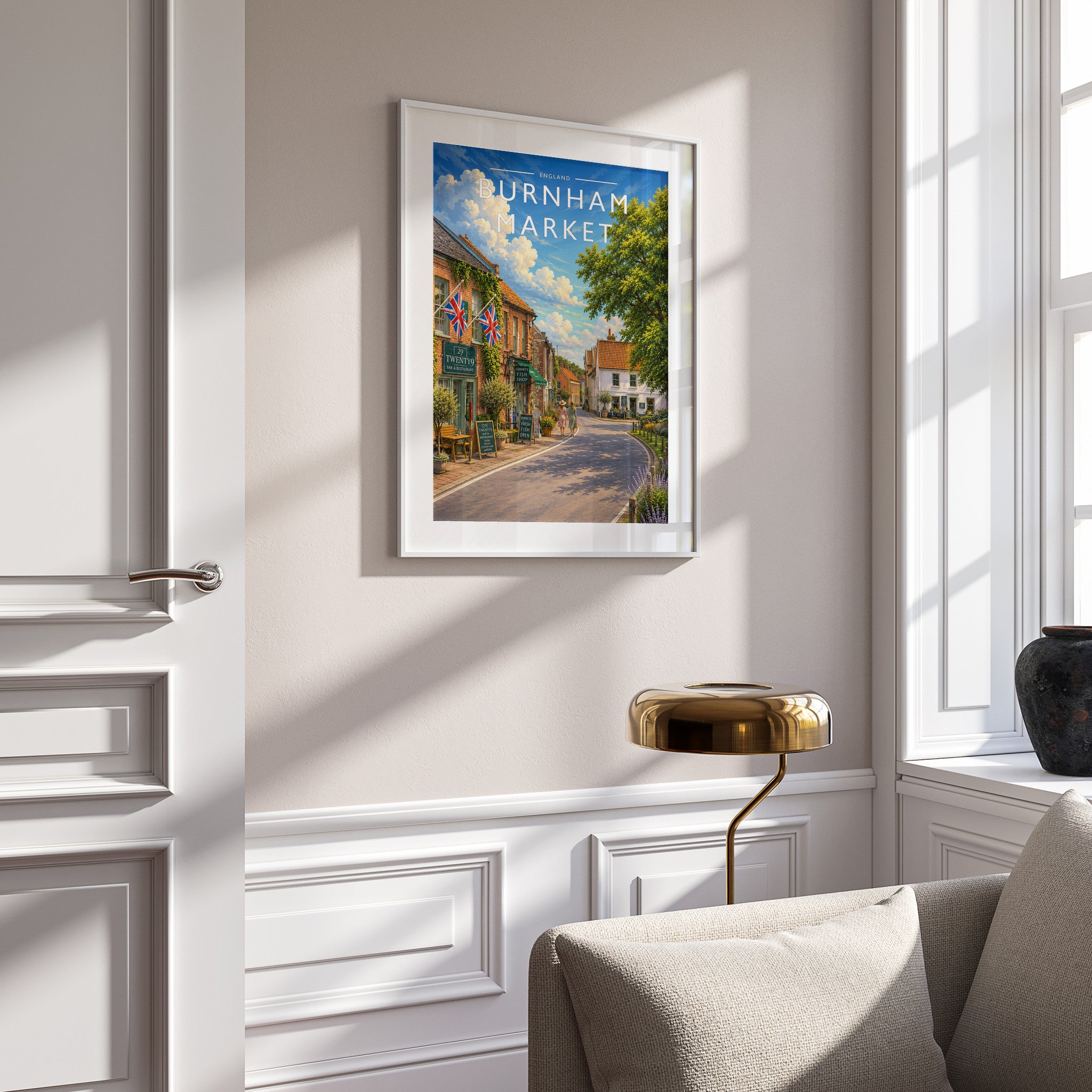 Burnham Market #4 Travel Poster in a white frame on a panelled wall