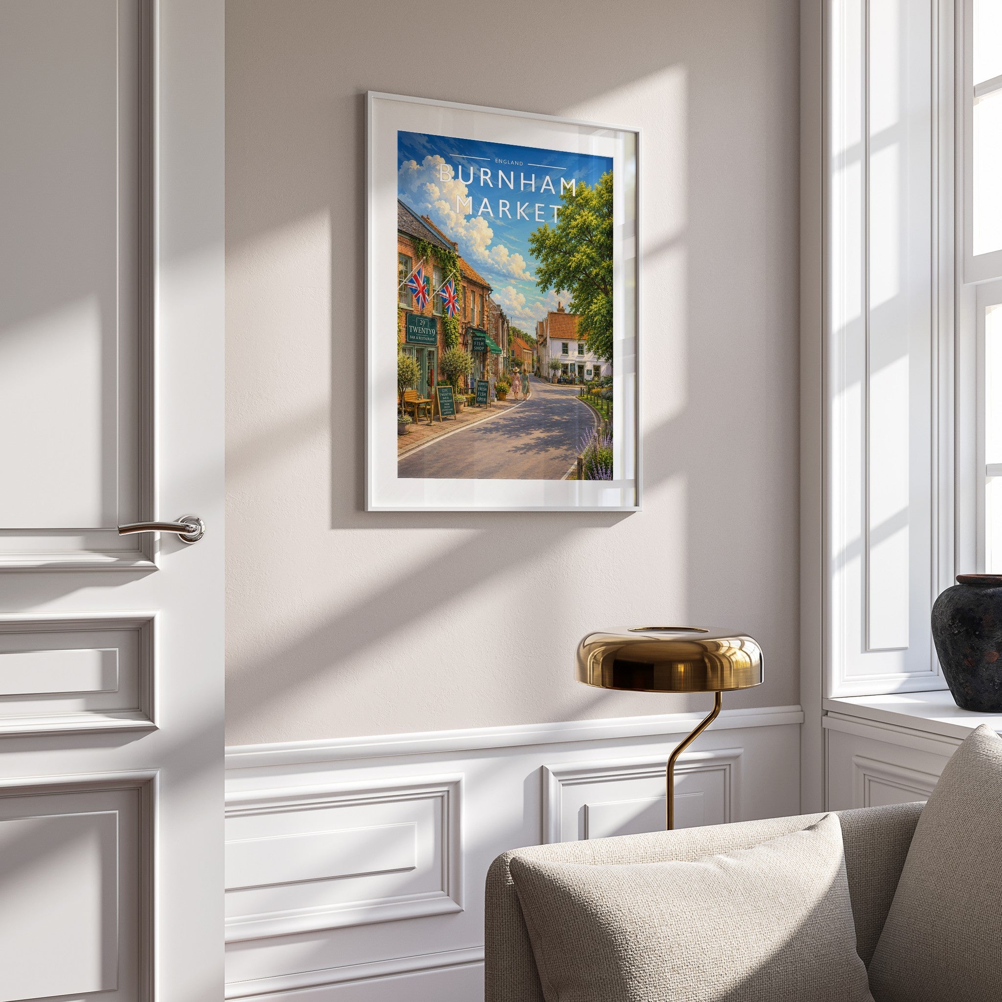 Burnham Market #4 Travel Poster mounted in a white frame