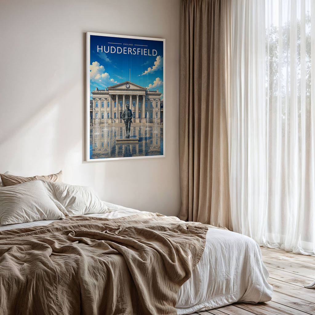 Huddersfield Travel Poster framed on a bedroom wall