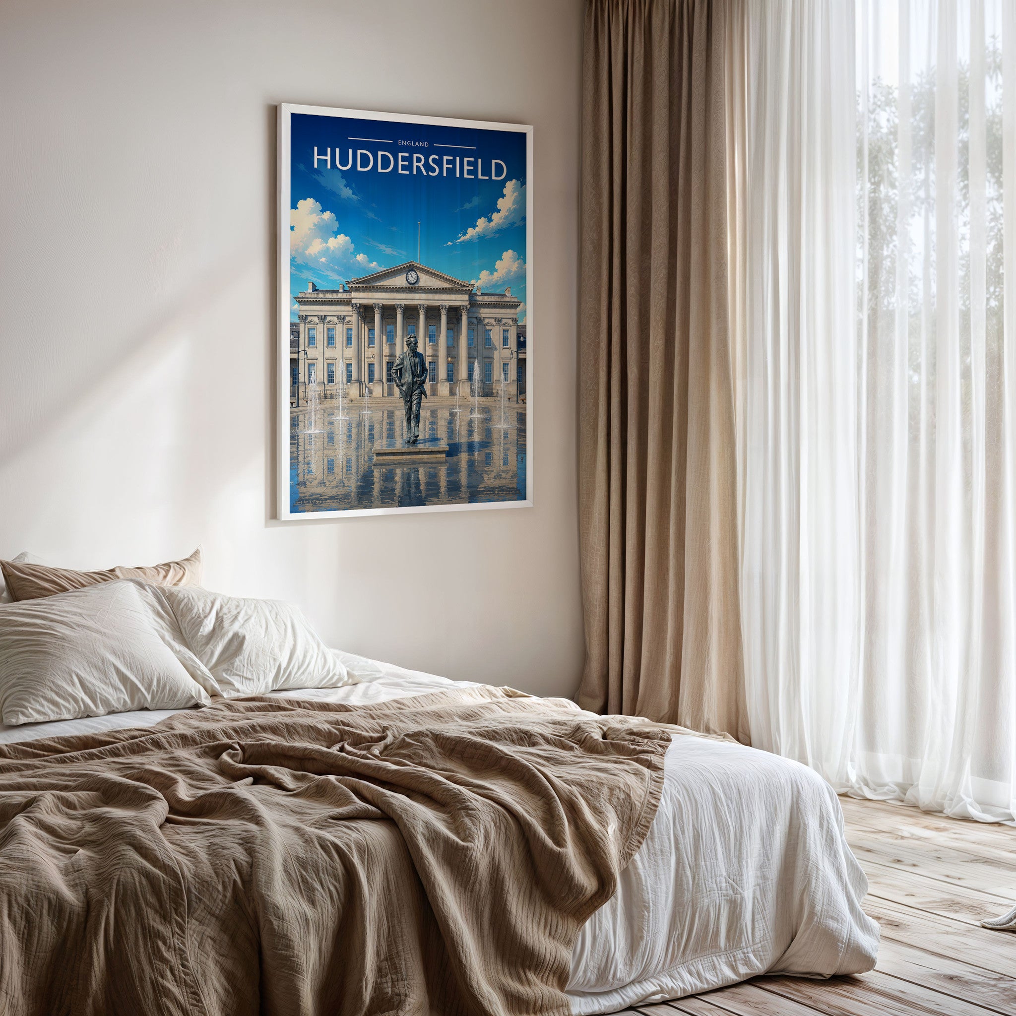 Huddersfield Travel Poster framed on a bedroom wall
