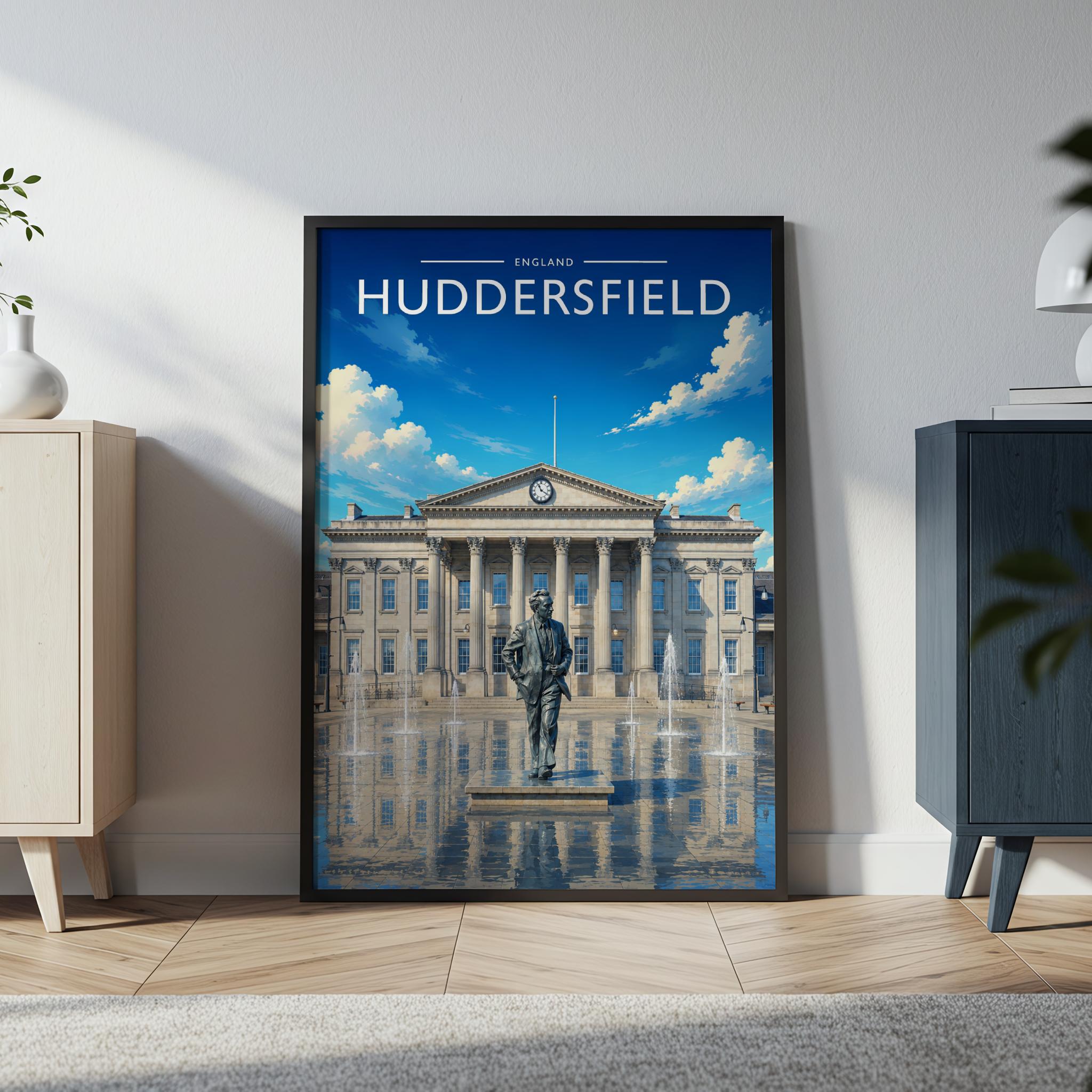 Huddersfield Travel Poster in a black frame
