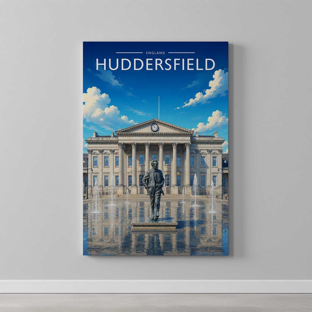Huddersfield Travel Poster as a gallery-wrapped canvas on a plain wall