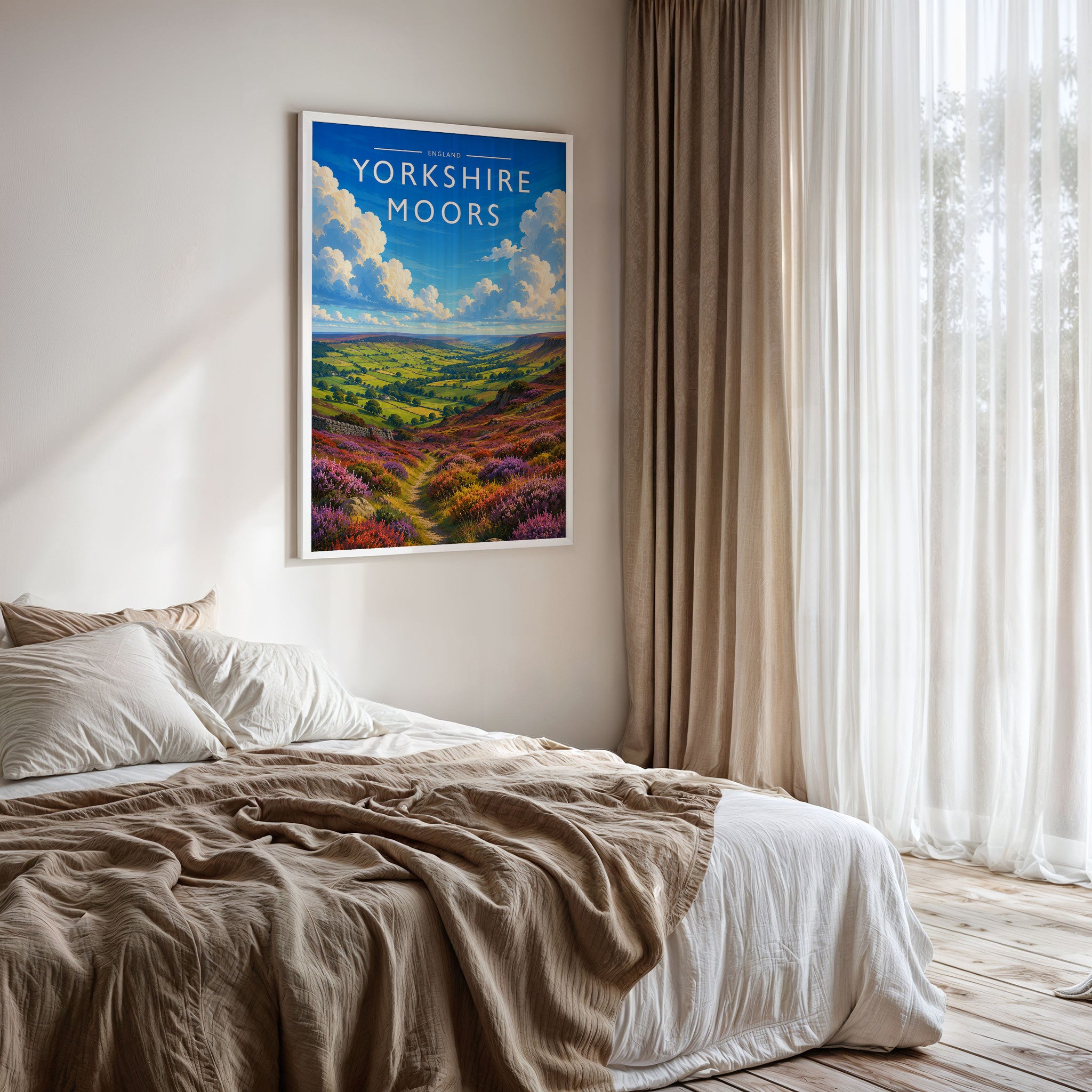 Yorkshire Moors #2 Travel Poster framed on a bedroom wall