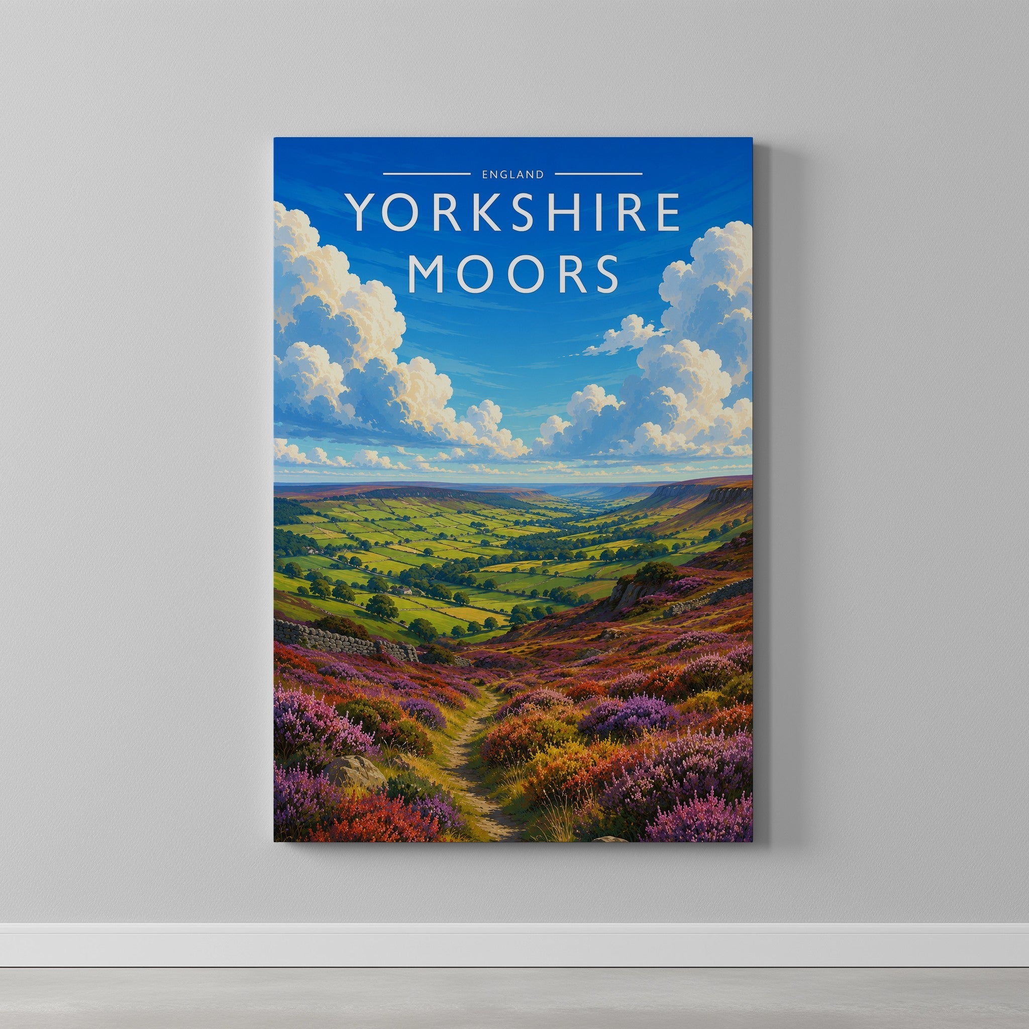 Yorkshire Moors #2 Travel Poster as a gallery-wrapped canvas on a plain wall