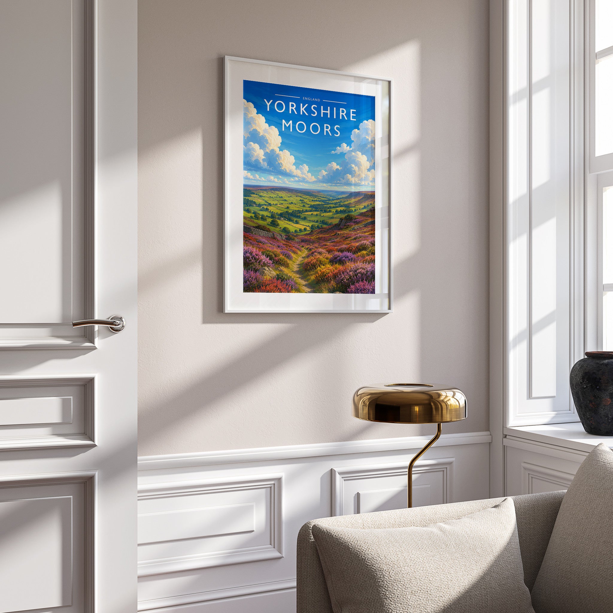 Yorkshire Moors #2 Travel Poster in a white frame on a panelled wall