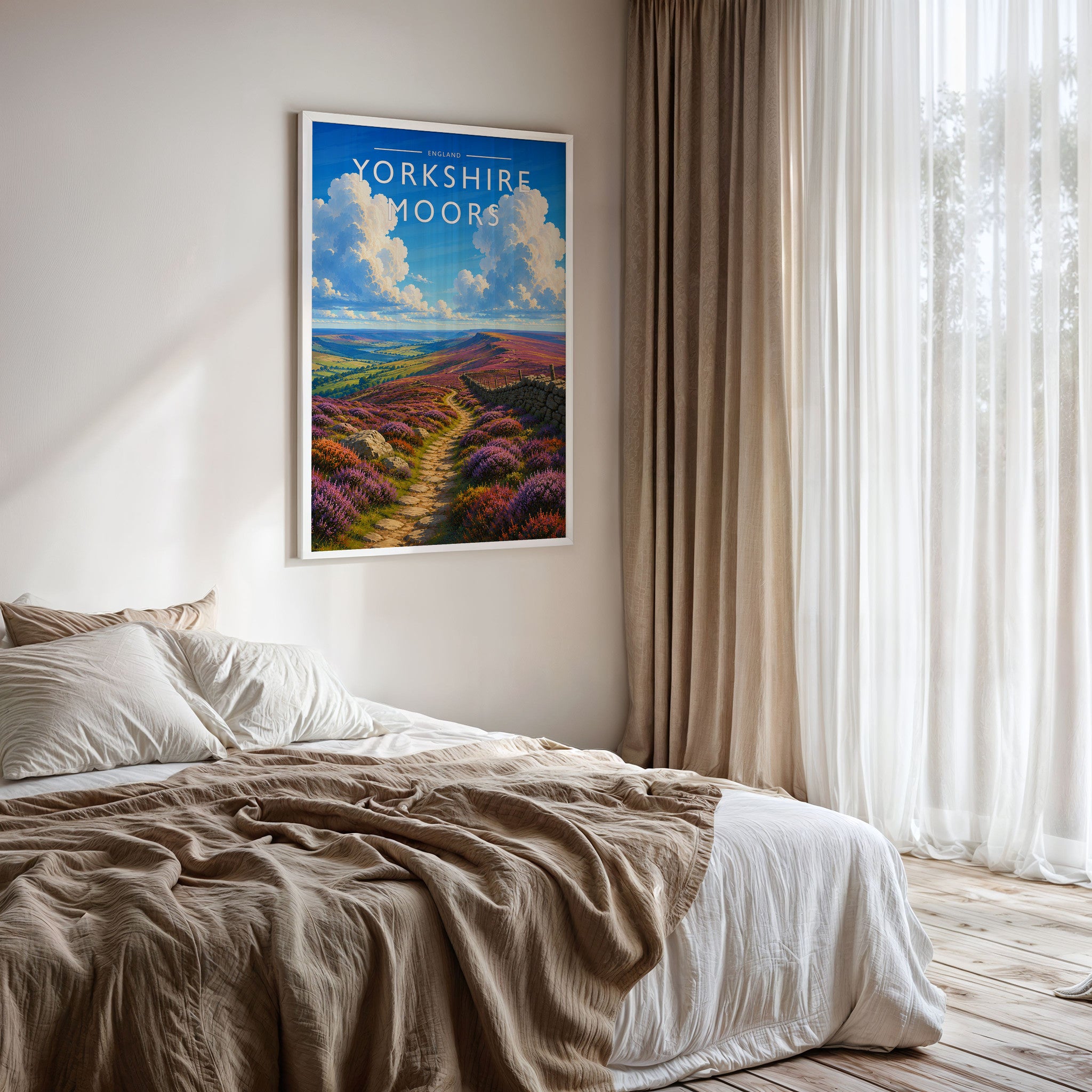 Yorkshire Moors #3 Travel Poster framed on a bedroom wall