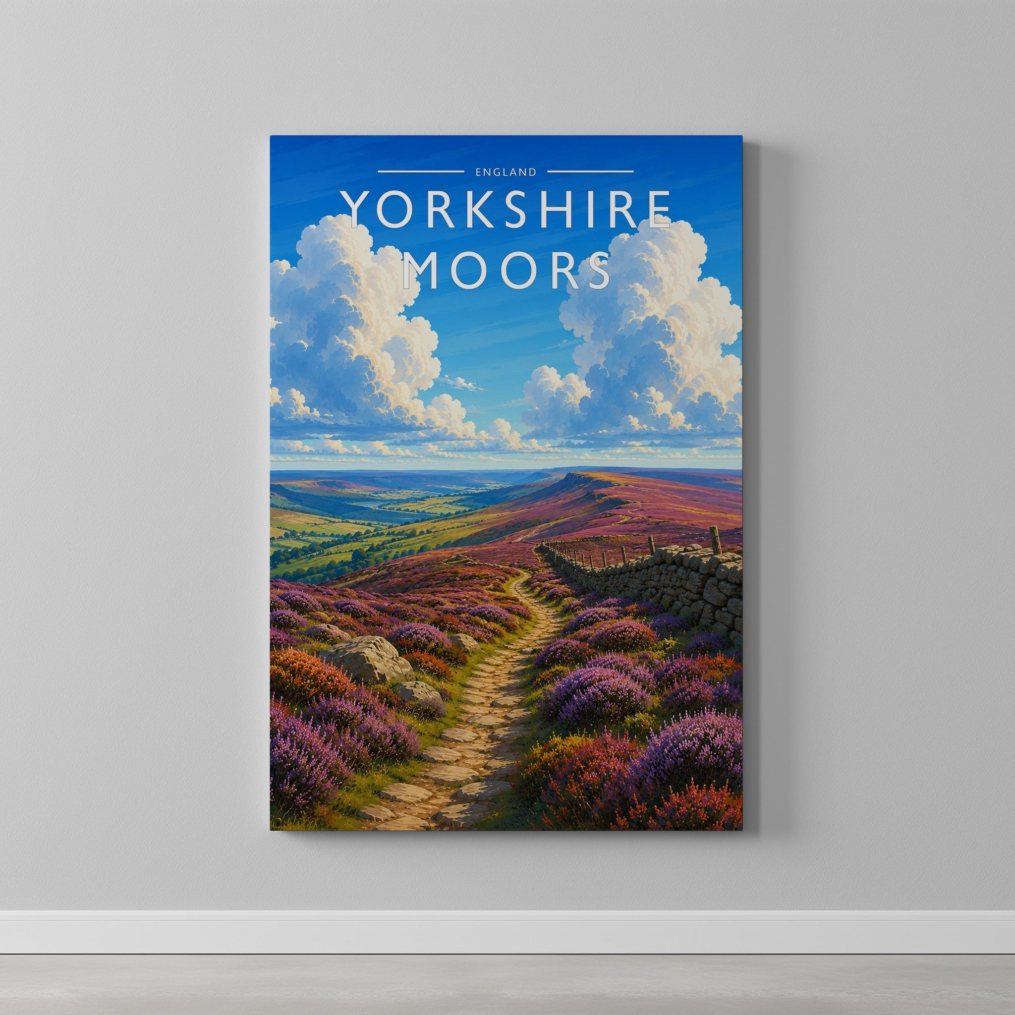 Yorkshire Moors #3 Travel Poster as a gallery-wrapped canvas on a plain wall