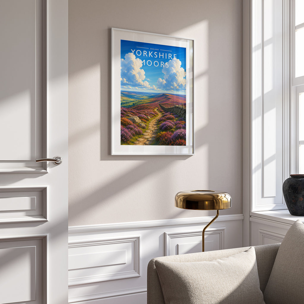 Yorkshire Moors #3 Travel Poster in a white frame on a panelled wall