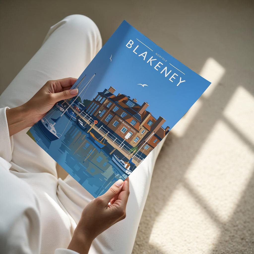 Blakeney Travel Poster - A4 print held in hand