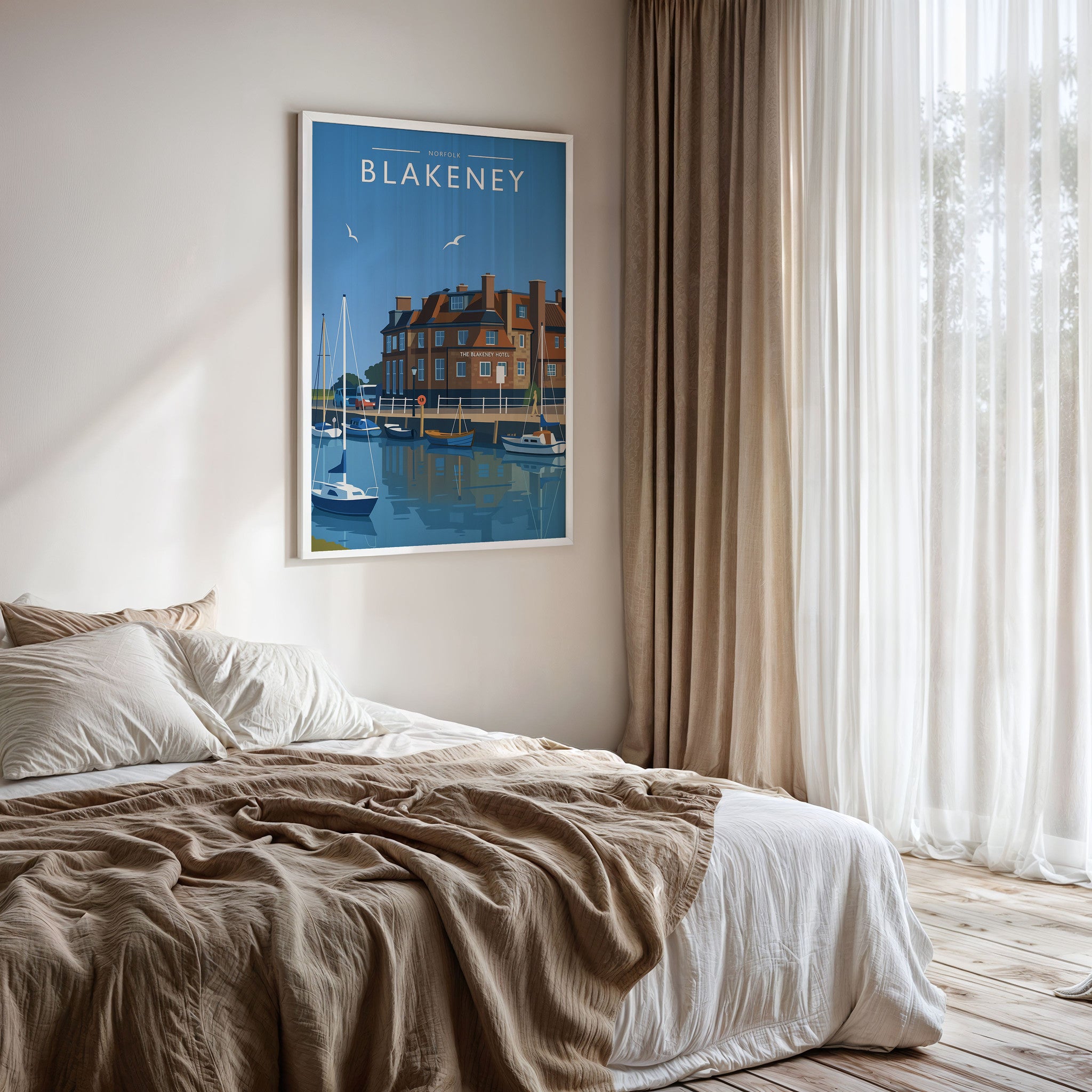 Blakeney Travel Poster framed on a bedroom wall