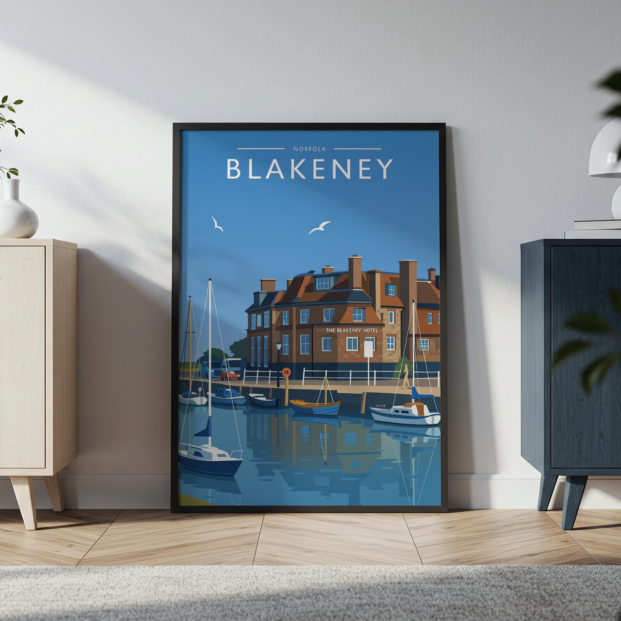 Blakeney Travel Poster in a black frame
