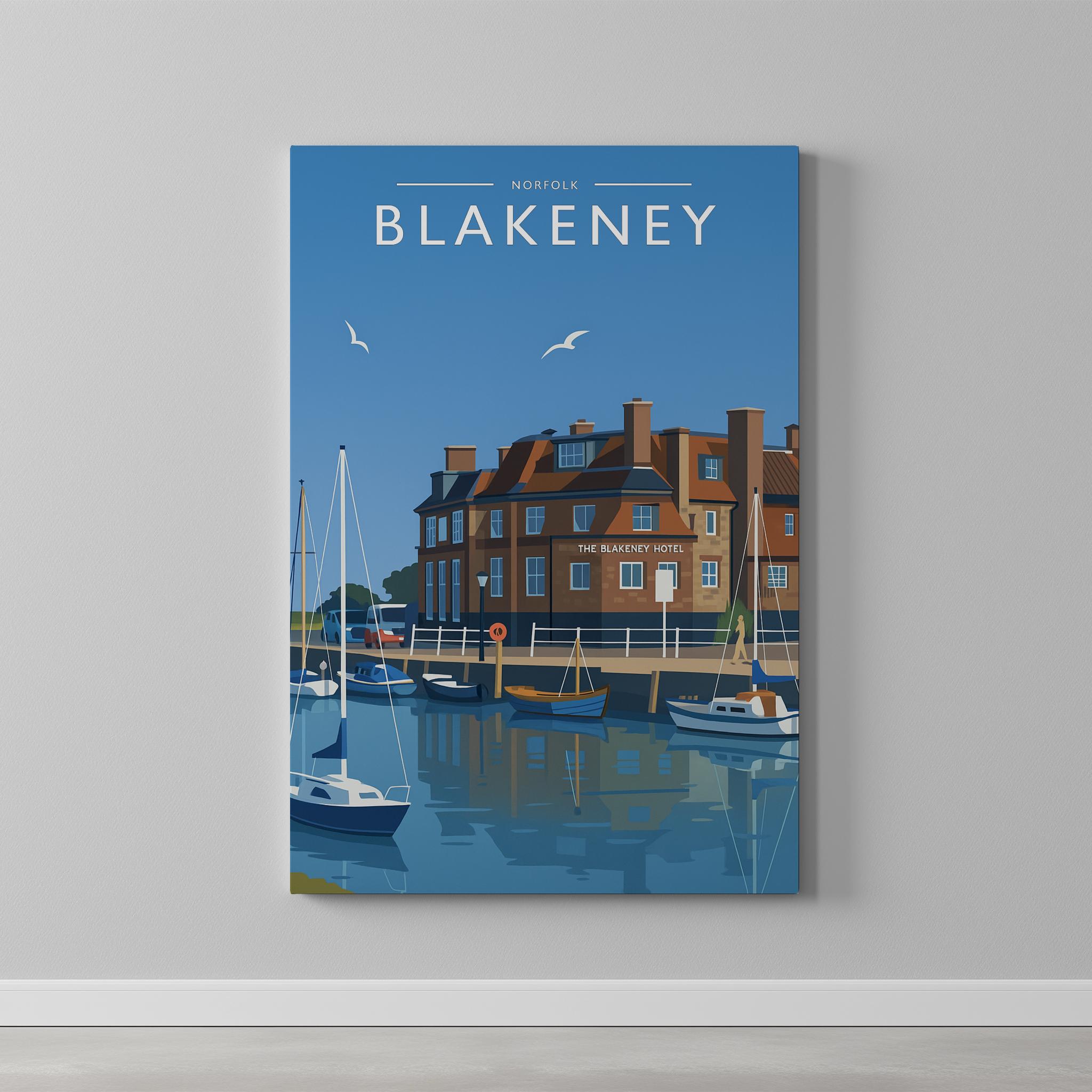 Blakeney Travel Poster as a gallery-wrapped canvas on a plain wall
