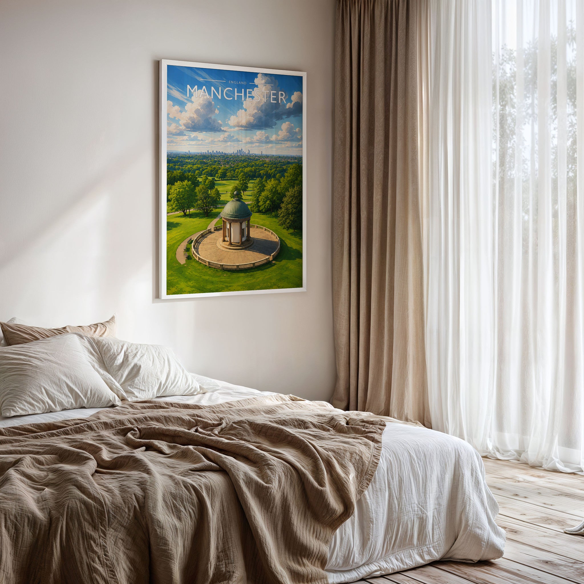 Manchester #2 Travel Poster framed on a bedroom wall