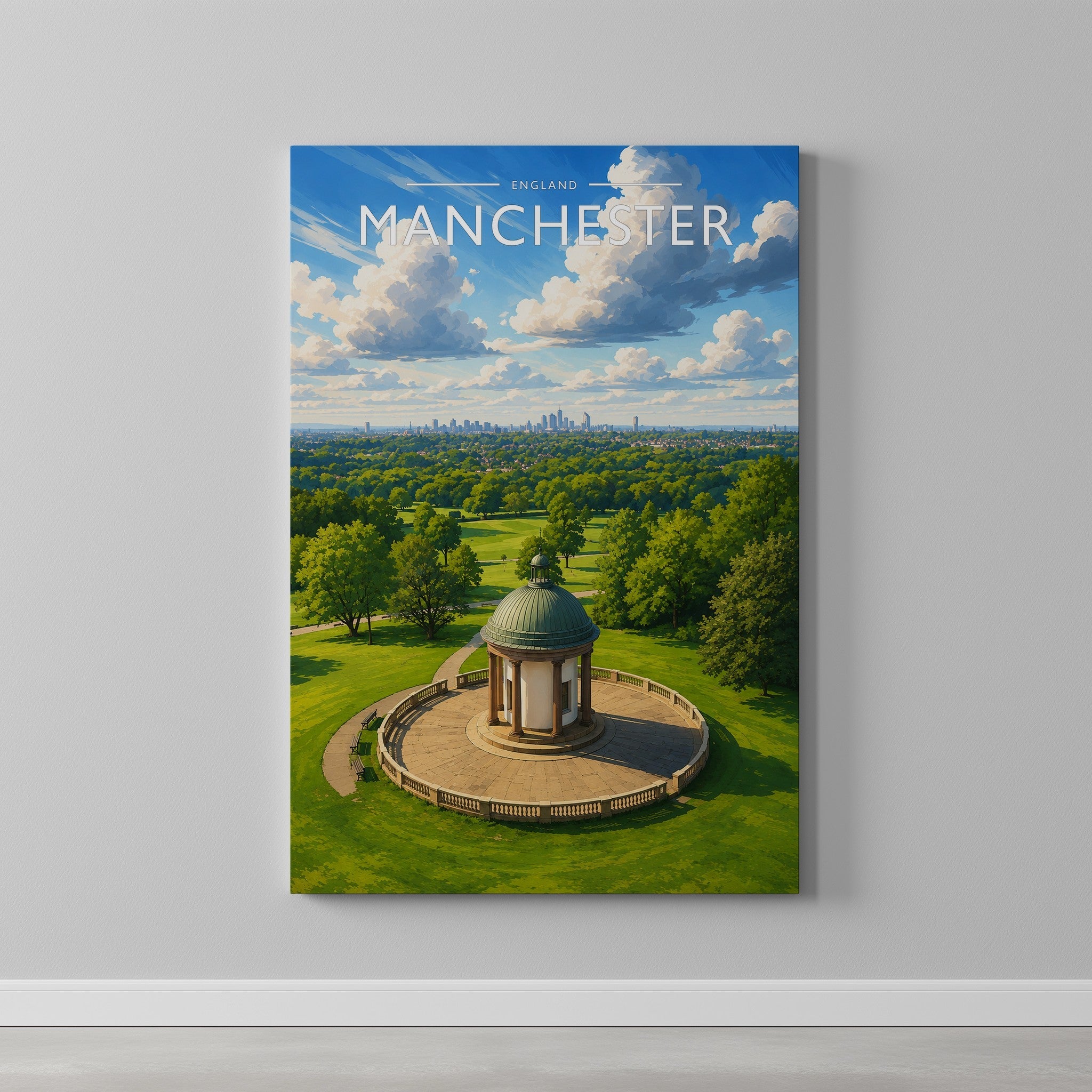 Manchester #2 Travel Poster as a gallery-wrapped canvas on a plain wall